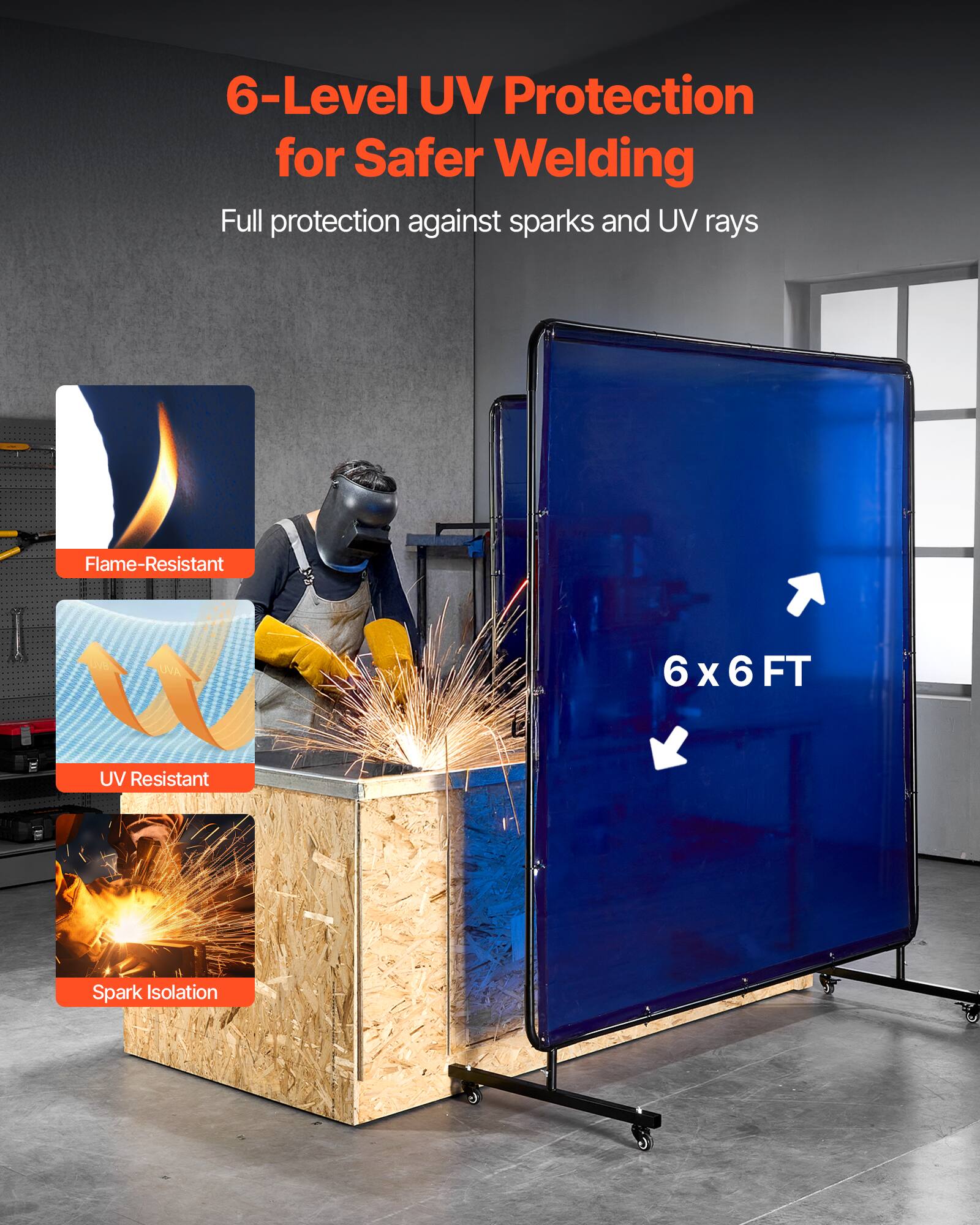 6-Level UV Protection for Safer Welding  
Full protection against sparks and UV rays  

Flame-Resistant  
UV Resistant  
Spark Isolation  

6x6FT