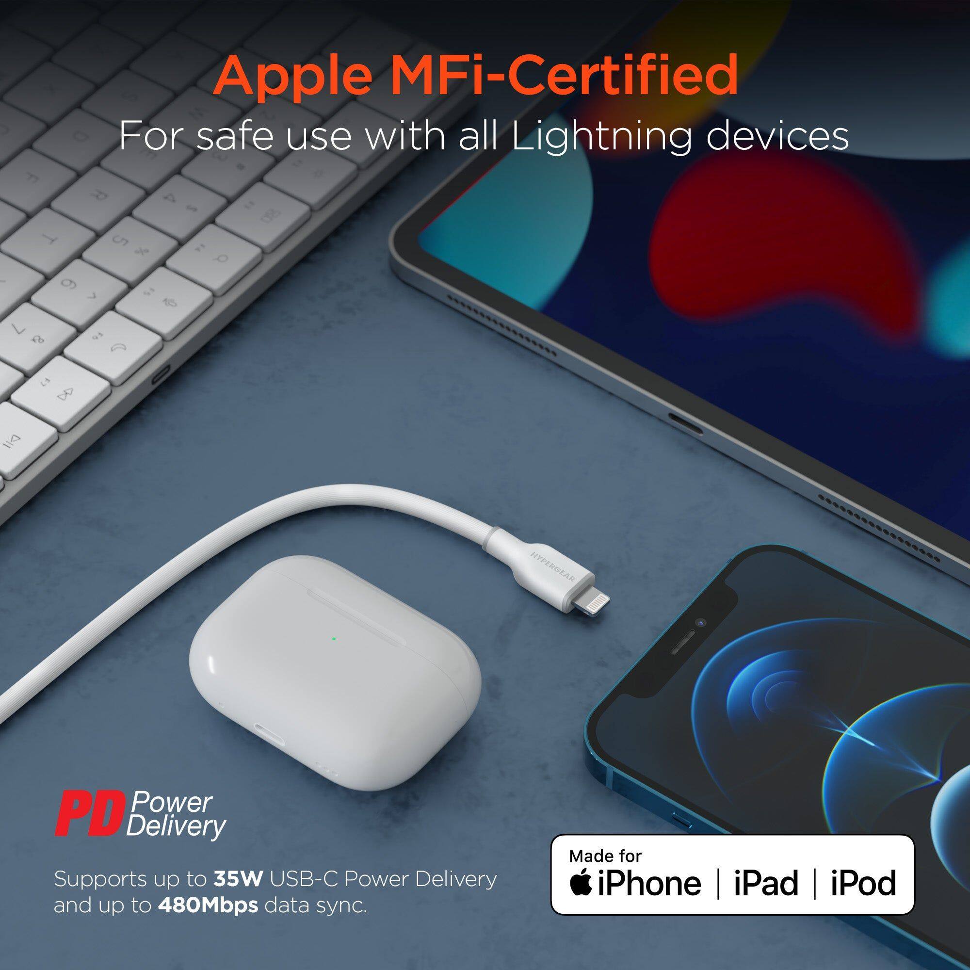 Apple MFi-Certified  
For safe use with all Lightning devices  

PD Power Delivery  
Supports up to 35W USB-C Power Delivery and up to 480Mbps data sync.  

Made for iPhone | iPad | iPod