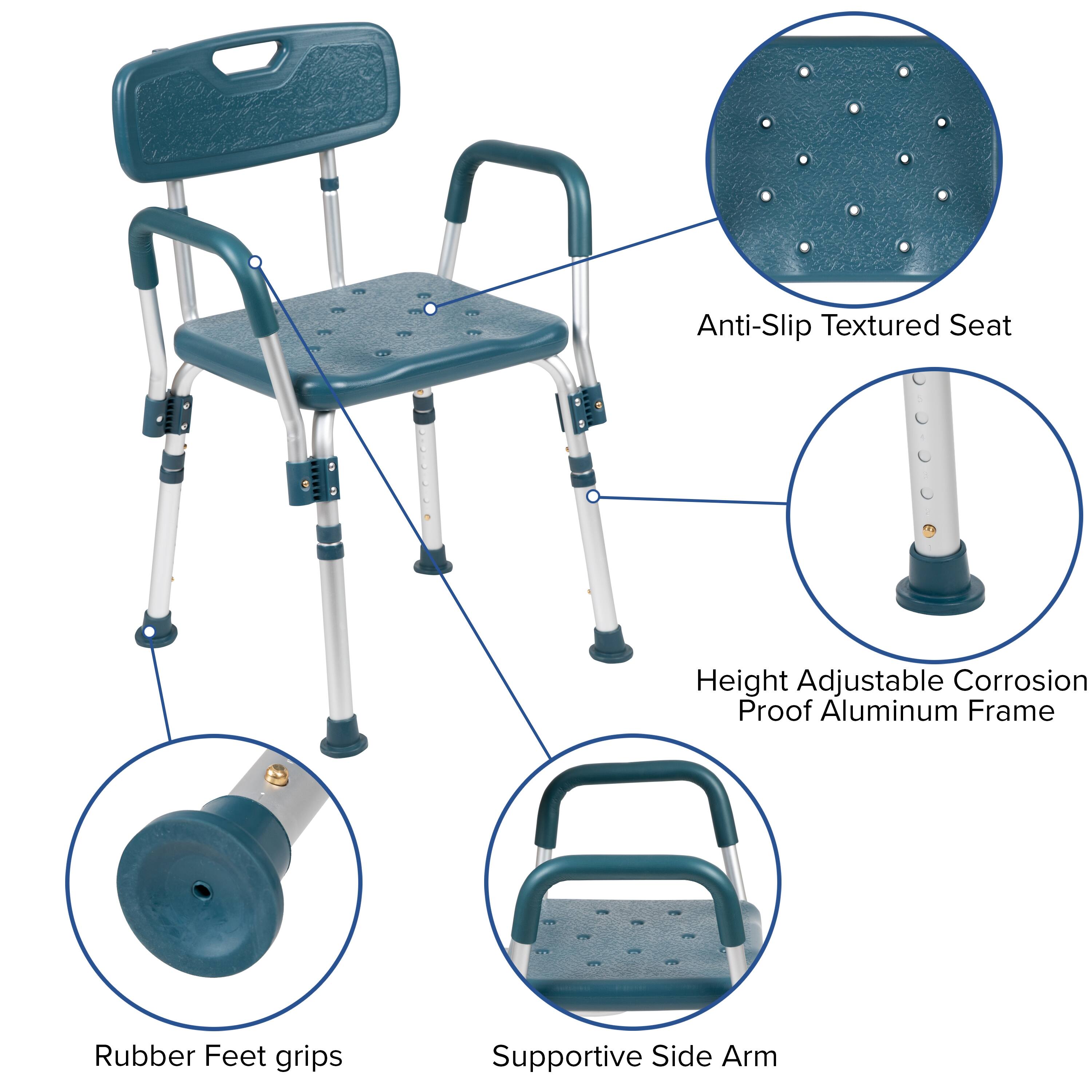 Anti-Slip Textured Seat  
Height Adjustable Corrosion Proof Aluminum Frame  
Rubber Feet grips  
Supportive Side Arm