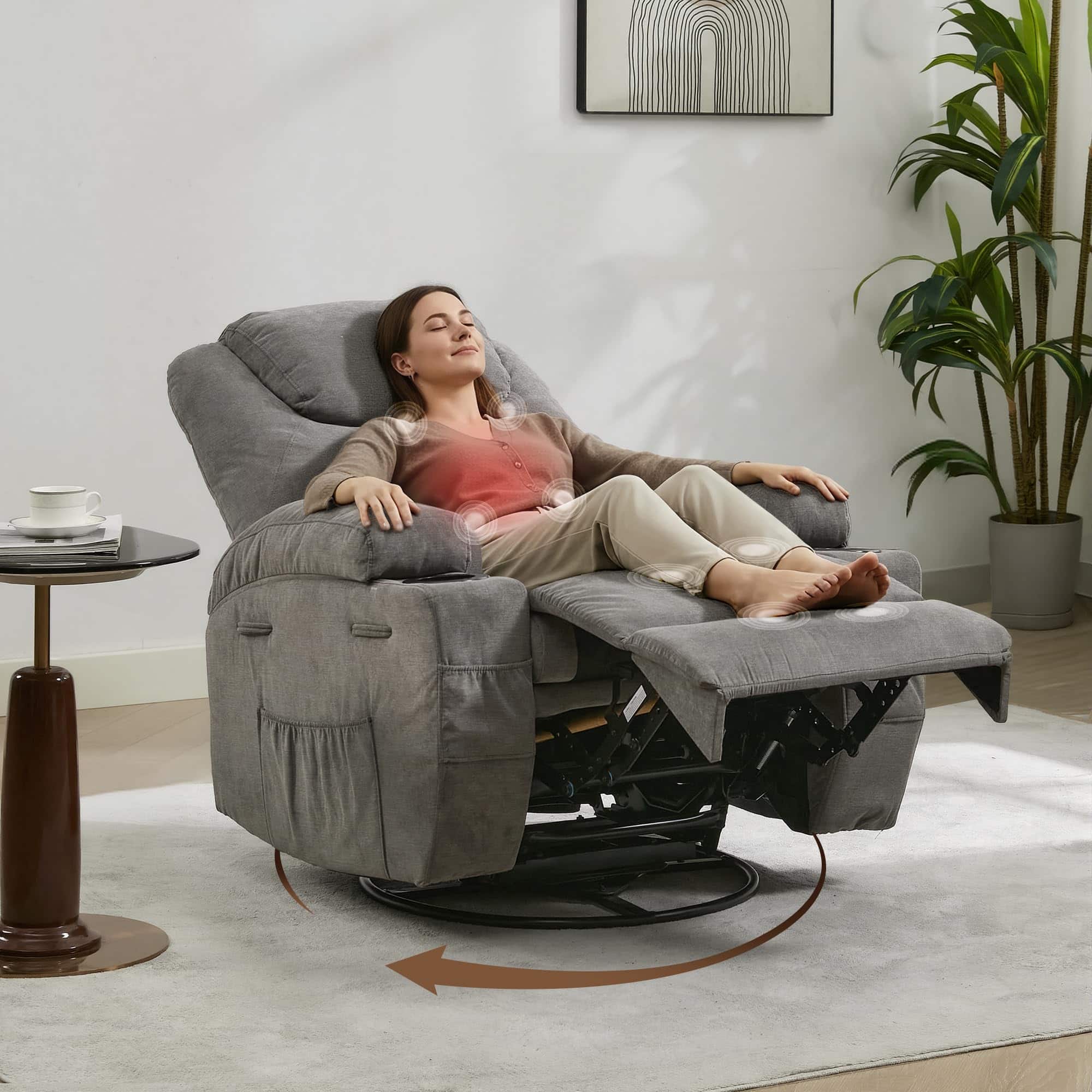 Acekool - Recliner Chair with Massage & Heat, 360° Swivel Manual Recliner with Cup Holders, Side Pocket - Gray