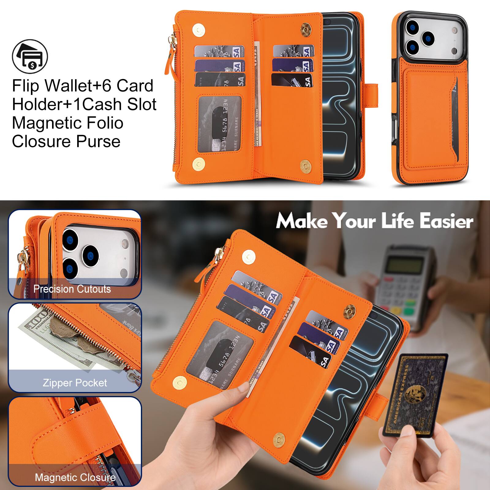 Flip Wallet+6 Card Holder+1Cash Slot Magnetic Folio Closure Purse

hE2T 5678 1234

SA SA SA SURNAME AME
SA SA SA

Make Your Life Easier

Precision Cutouts 100 Bank Zipper Pocket

SA Secresserve SA SCAYIAIX 8 SA 1234 5678 SURNAME HE2T NAME

TERMARY SA ectron SA

AMERICAN

Magnetic Closure