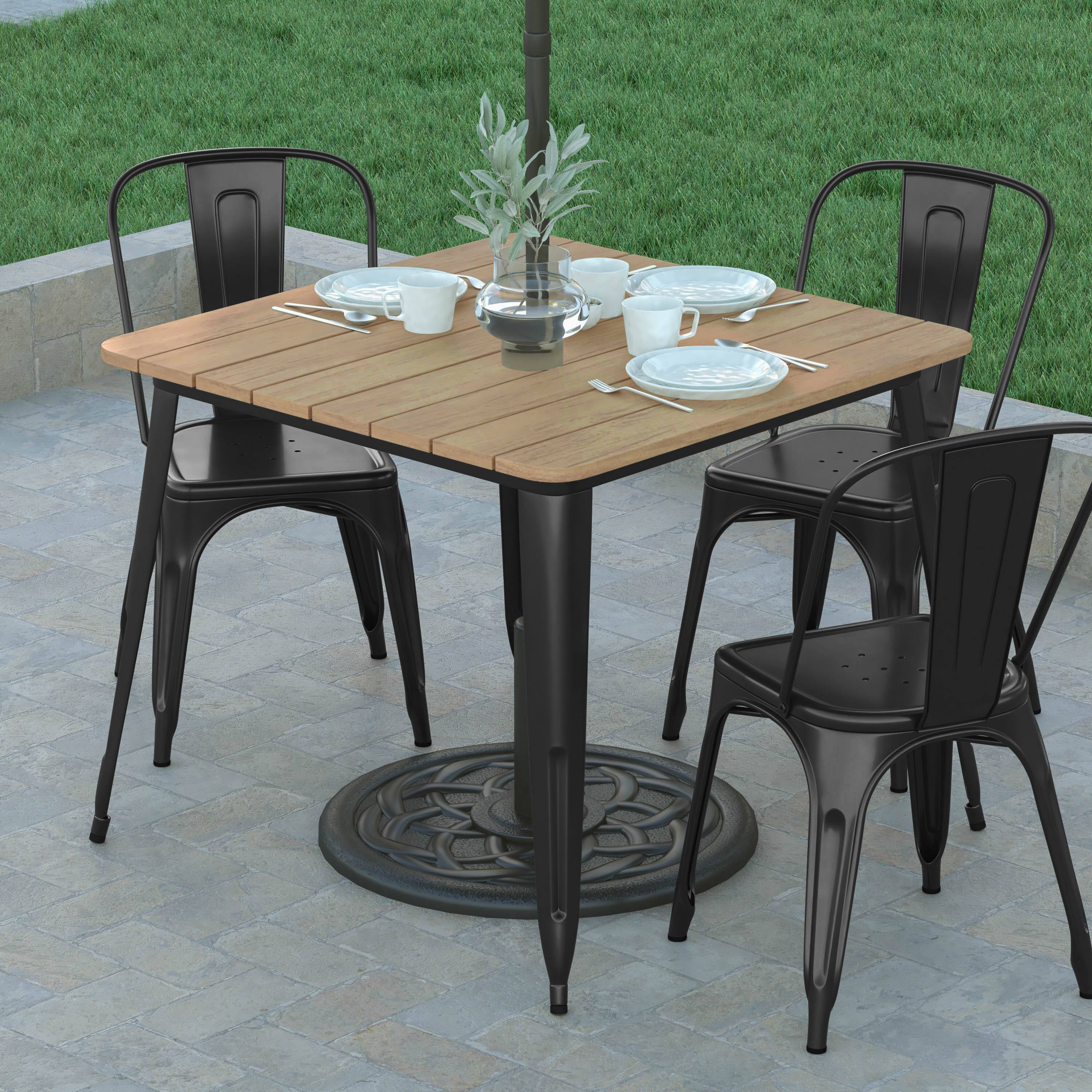 Alt View 3. Emma + Oliver - Drew Indoor/Outdoor Dining Table with Umbrella Hole, 36" Square All Weather Poly Resin Top and Steel Base - Brown Top/Black Frame.