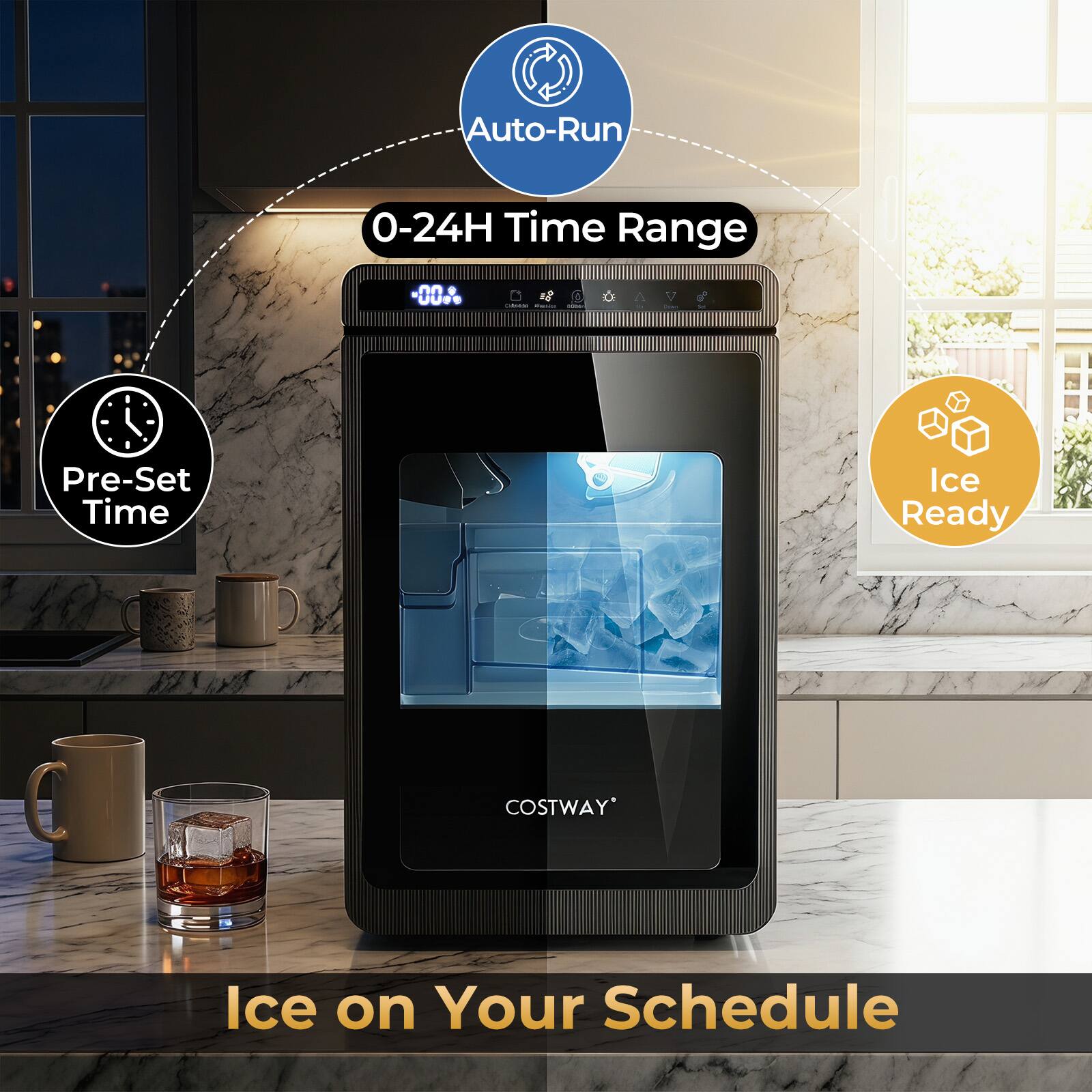Auto-Run  
0-24H Time Range  
Pre-Set Time  
Ice Ready  
COSTWAY Ice on Your Schedule