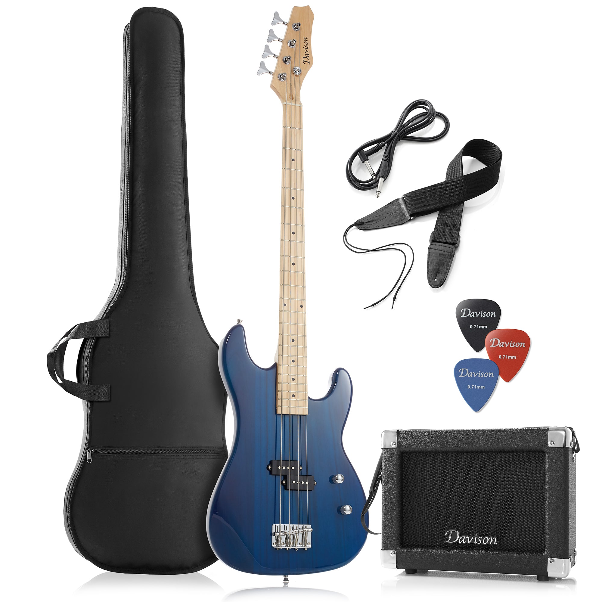 Davison Guitars - Electric Bass Guitar with 15-Watt Amp - Right Handed Beginner Kit - Blue