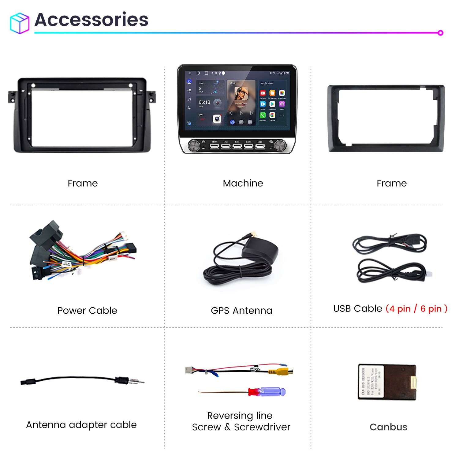 Accessories

- Frame
- Machine
- Frame
- Power Cable
- GPS Antenna
- USB Cable (4 pin / 6 pin)
- Antenna adapter cable
- Reversing line Screw & Screwdriver
- Canbus