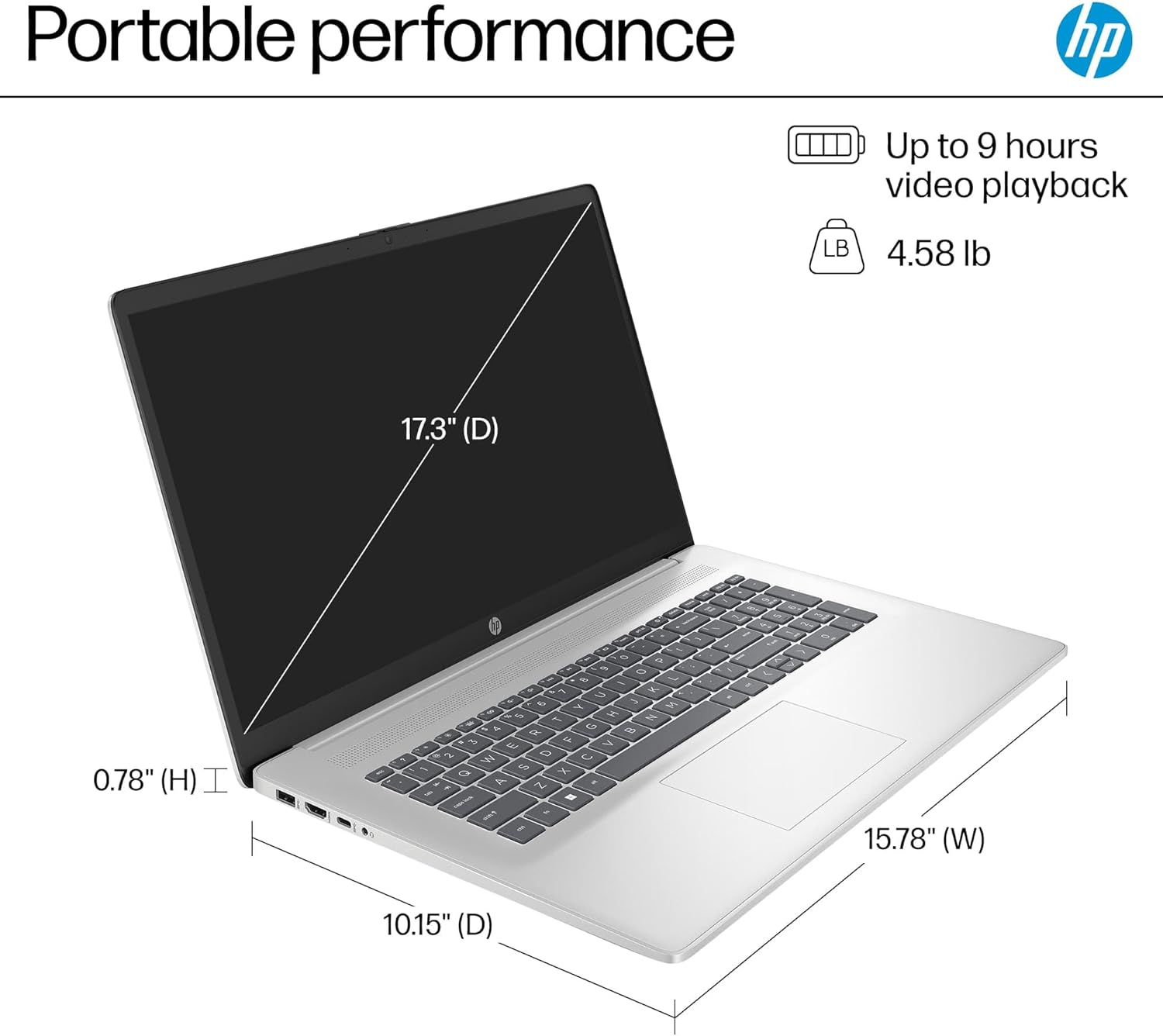 Portable performance  
Up to 9 hours video playback  
4.58 lb  
17.3" (D)  
0.78" (H)  
15.78" (W)  
10.15" (D)