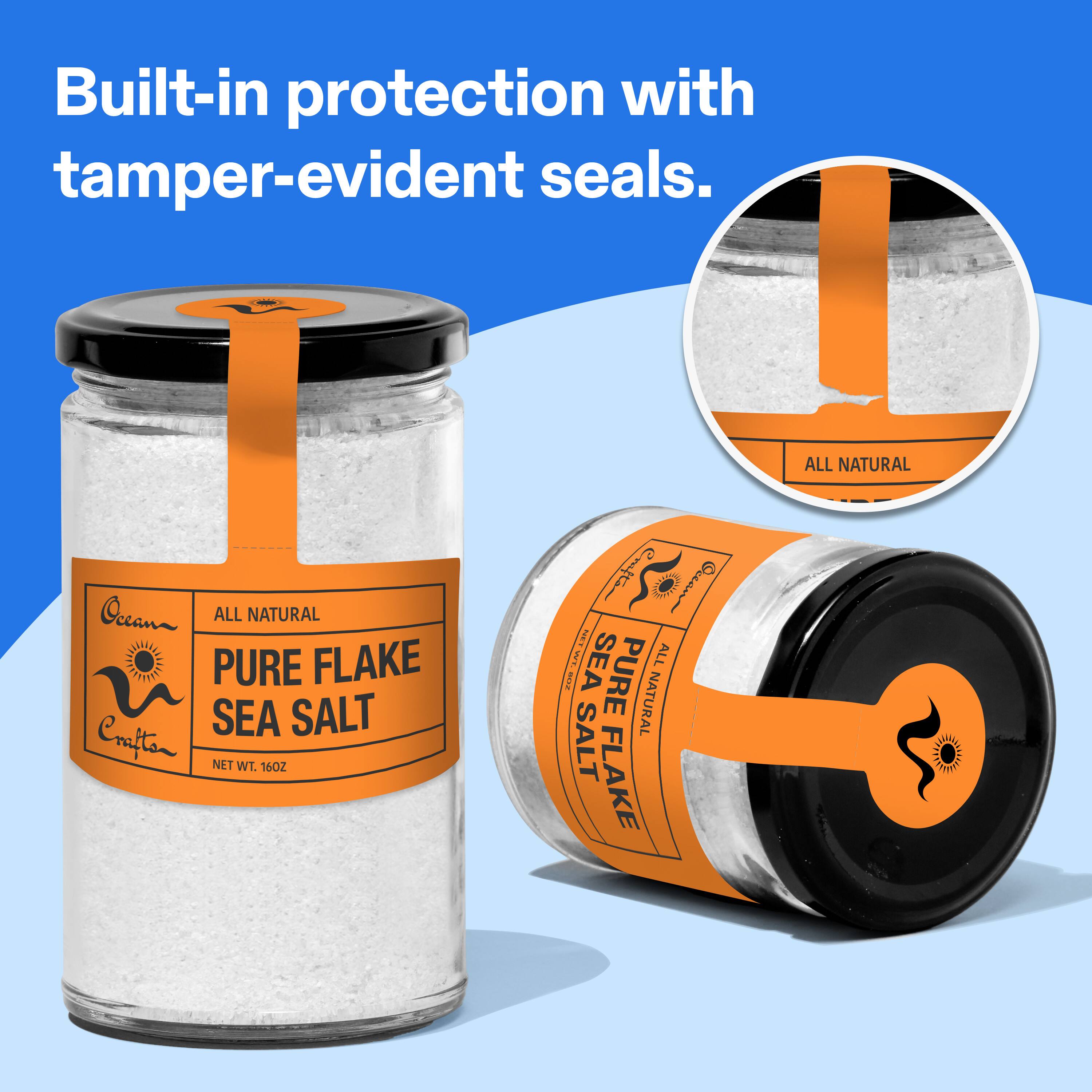 Built-in protection with tamper-evident seals. - ALL NATURAL Oceana ALL NATURAL PURE FLAKE SEA SALT Cnifton NET WT. 1502