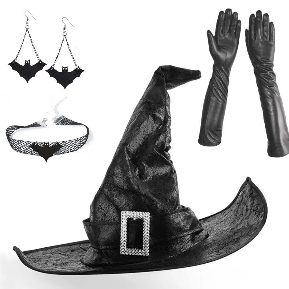Front. MOVSSOU - Halloween Witch Set Women Adult Wizard Costume Cosplay Accessory with Necklaces, Earrings, Gloves - black.