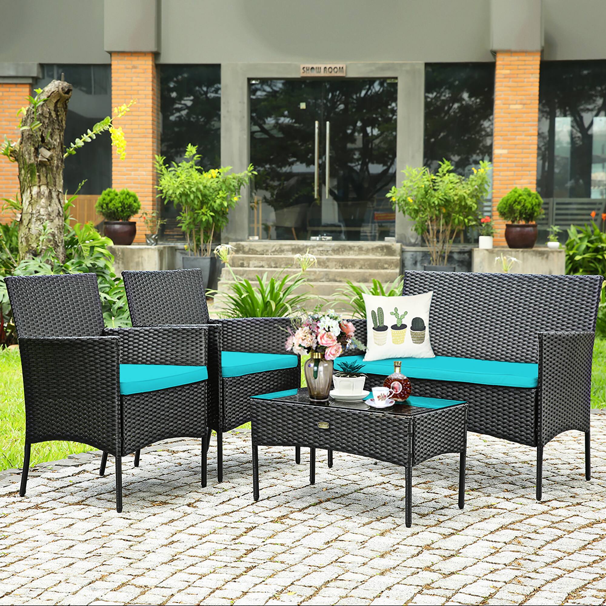 Alt View 4. Costway - Costway 4PCS Patio Rattan Furniture Set Cushioned Sofa Coffee Table Backyard - Turquoise.