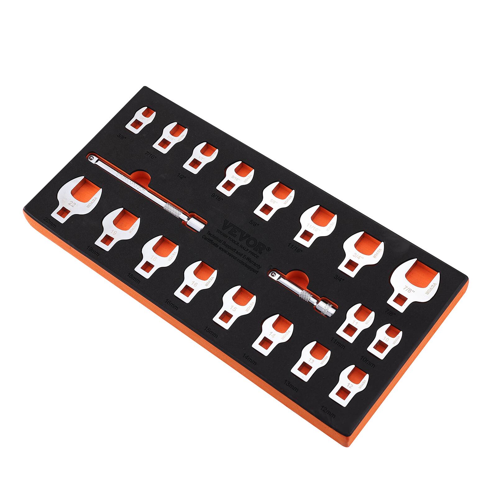 VEVOR - Crowfoot Wrench Set, 3/8" Drive 20-Piece Crows Foot Wrench Set with 2 Extension Bars and EVA Tool Organizer - Silver