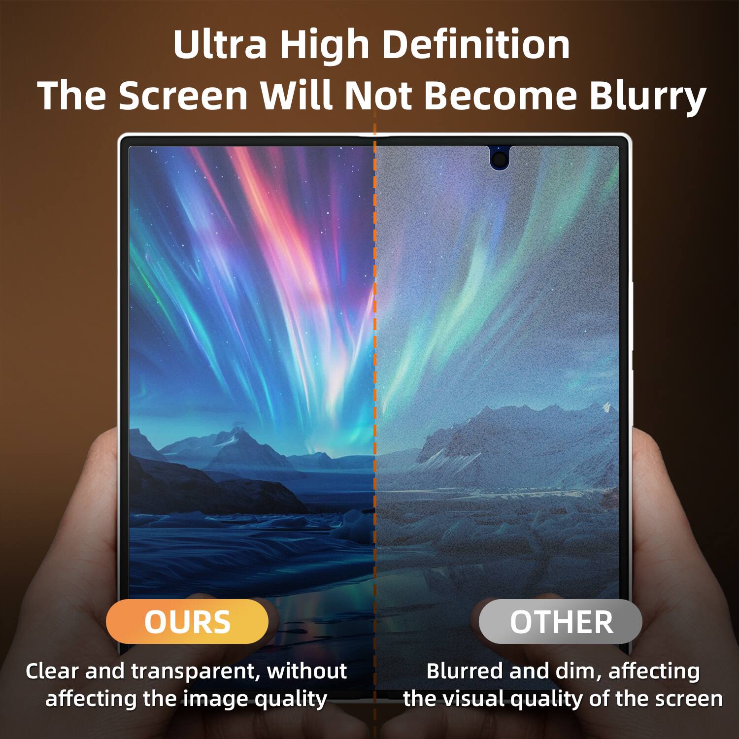 Ultra High Definition  
The Screen Will Not Become Blurry  

OURS  
Clear and transparent, without affecting the image quality  

OTHER  
Blurred and dim, affecting the visual quality of the screen