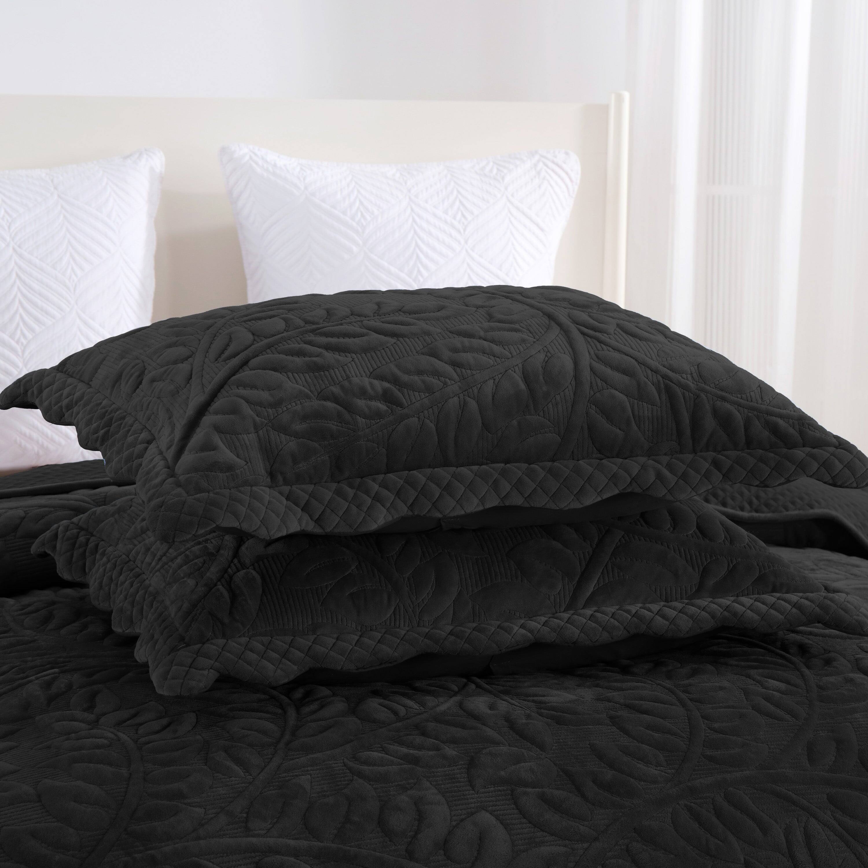 Alt View 1. MarCielo - Marcielo 3Pc Luxury Velvet Oversized Embroidery Soft and Plush Quilt Set - Black.