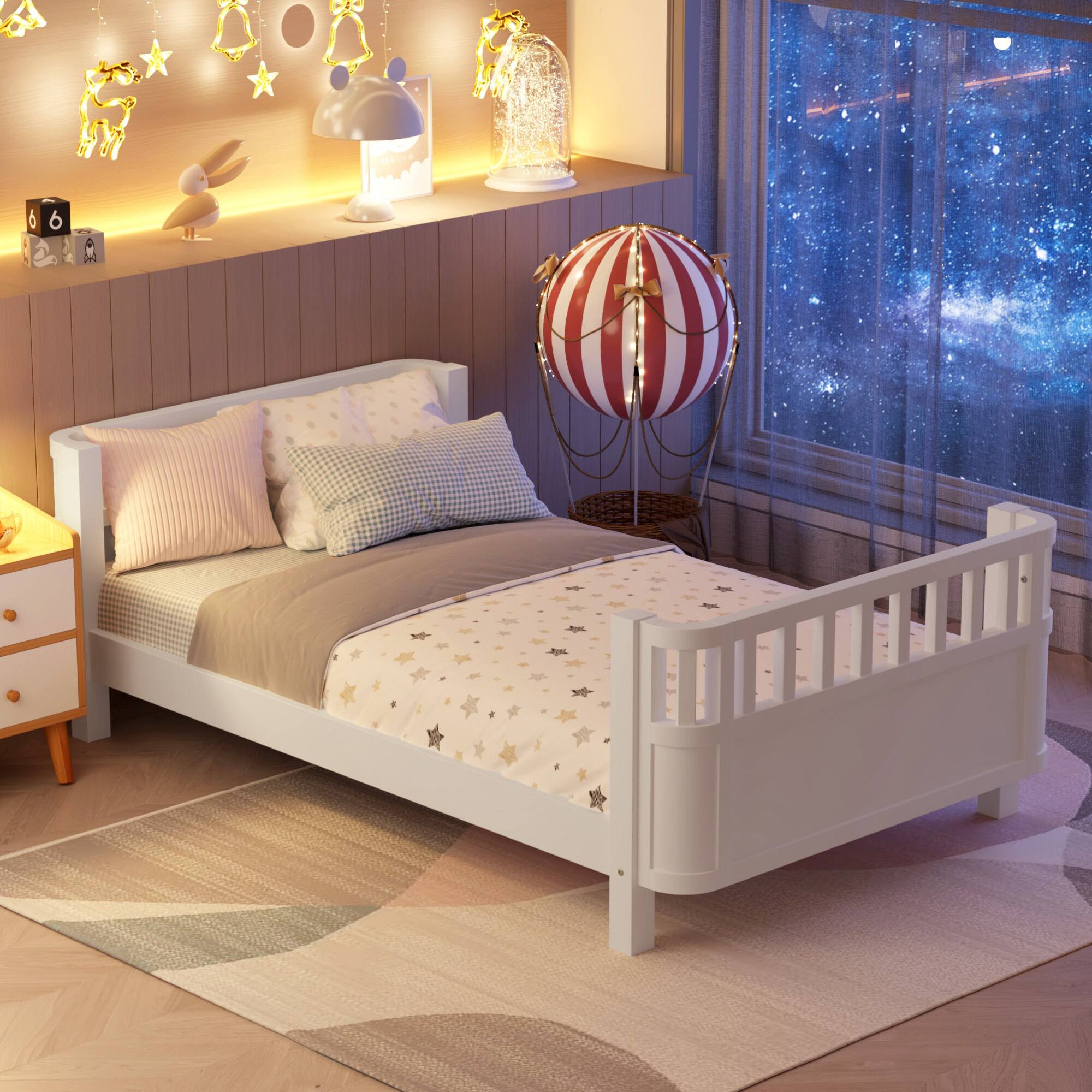 Alt View 1. GOODSILO - Twin Size Wood Platform Bed for Children with Safety Rails and Low Profile Design - White.