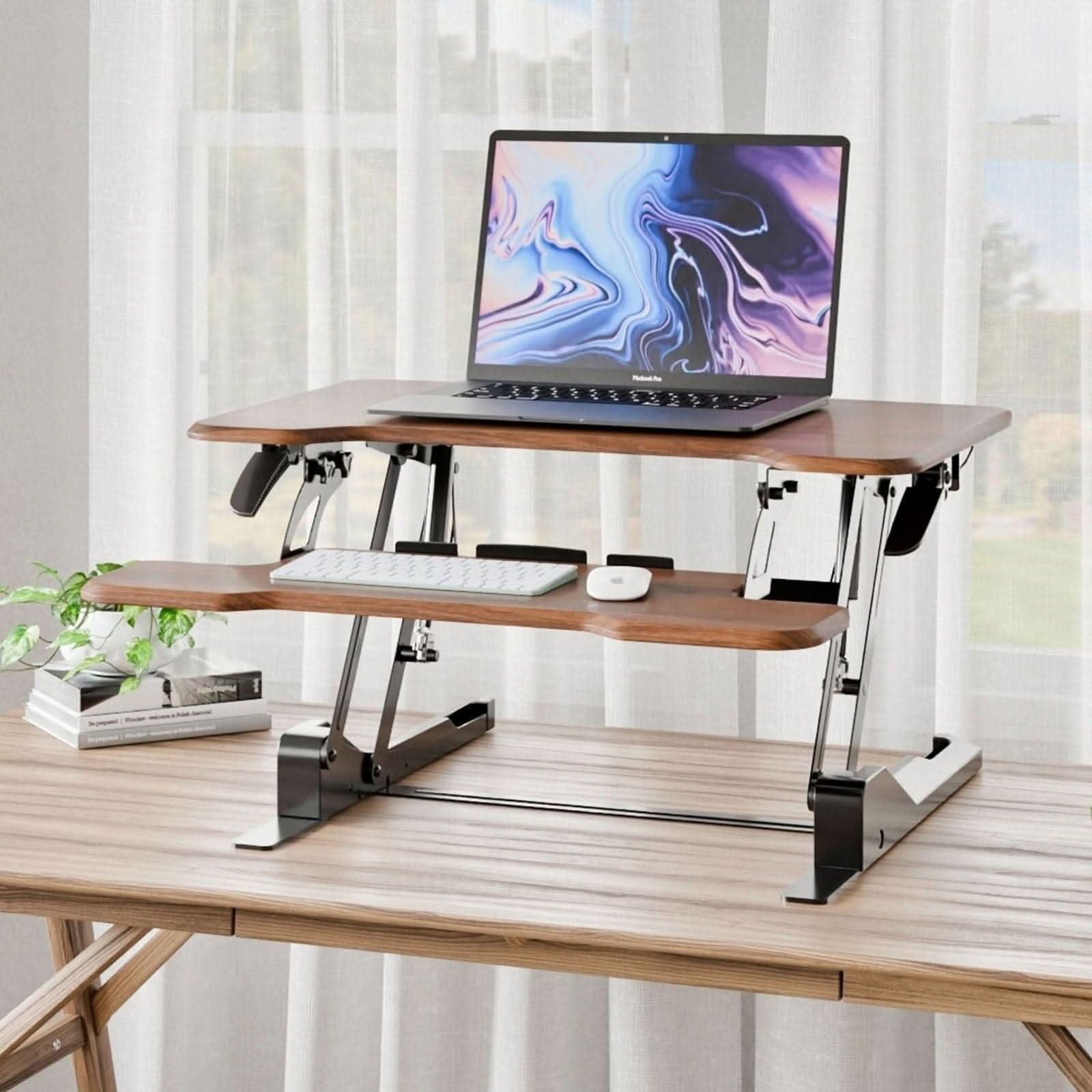 Left. Mount-It! - Compact Standing Desk Converter with 30″ Desktop and Height-Adjustable Sit-Stand Workstation, Brown - Brown.