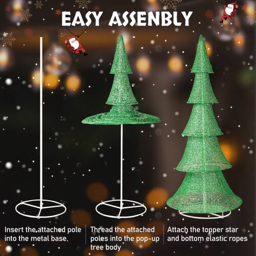 EASY ASSEMBLY

Insert the attached pole into the metal base.

Thread the attached poles into the pop-up tree body.

Attach the topper star and bottom elastic ropes.