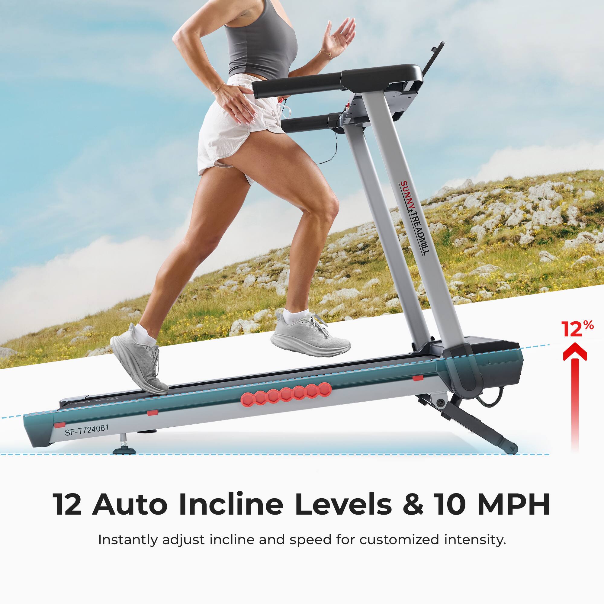 SUNNY TREADMILL 12 Auto Incline Levels & 10 MPH
Instantly adjust incline and speed for customized intensity.