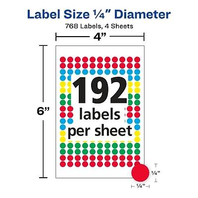 Label Size 1/4" Diameter  
768 Labels, 4 Sheets  
4" x 6"  
192 labels per sheet  
1/4" T  
1/4" T