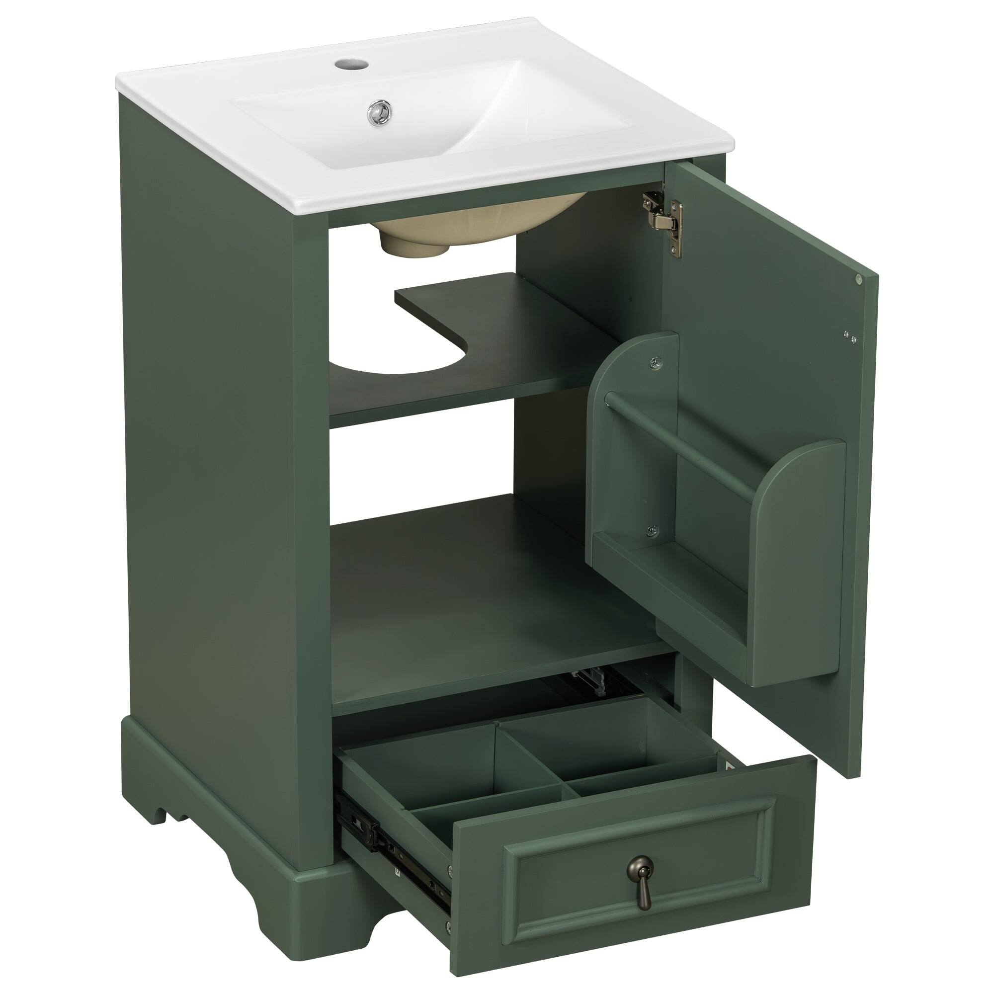 Back. Boyel Living - 20 Inch Green Bathroom Vanity with Ceramic Sink, Adjustable Shelf, Compartment Drawer, Door Storage Rack - Green.