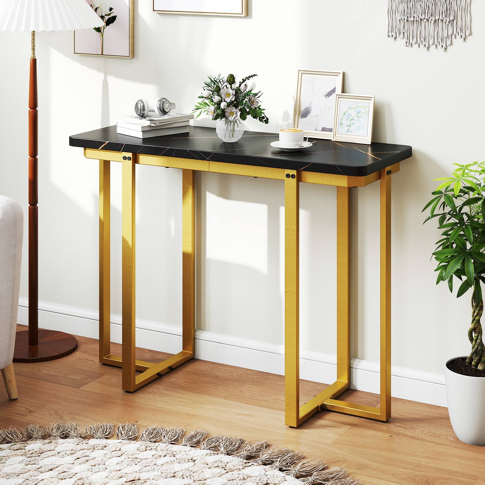Alt View 1. Gymax - Gymax Console Table 42'' Modern Faux Marble Entryway Table w/ Geometric Metal Frame Black - Black.
