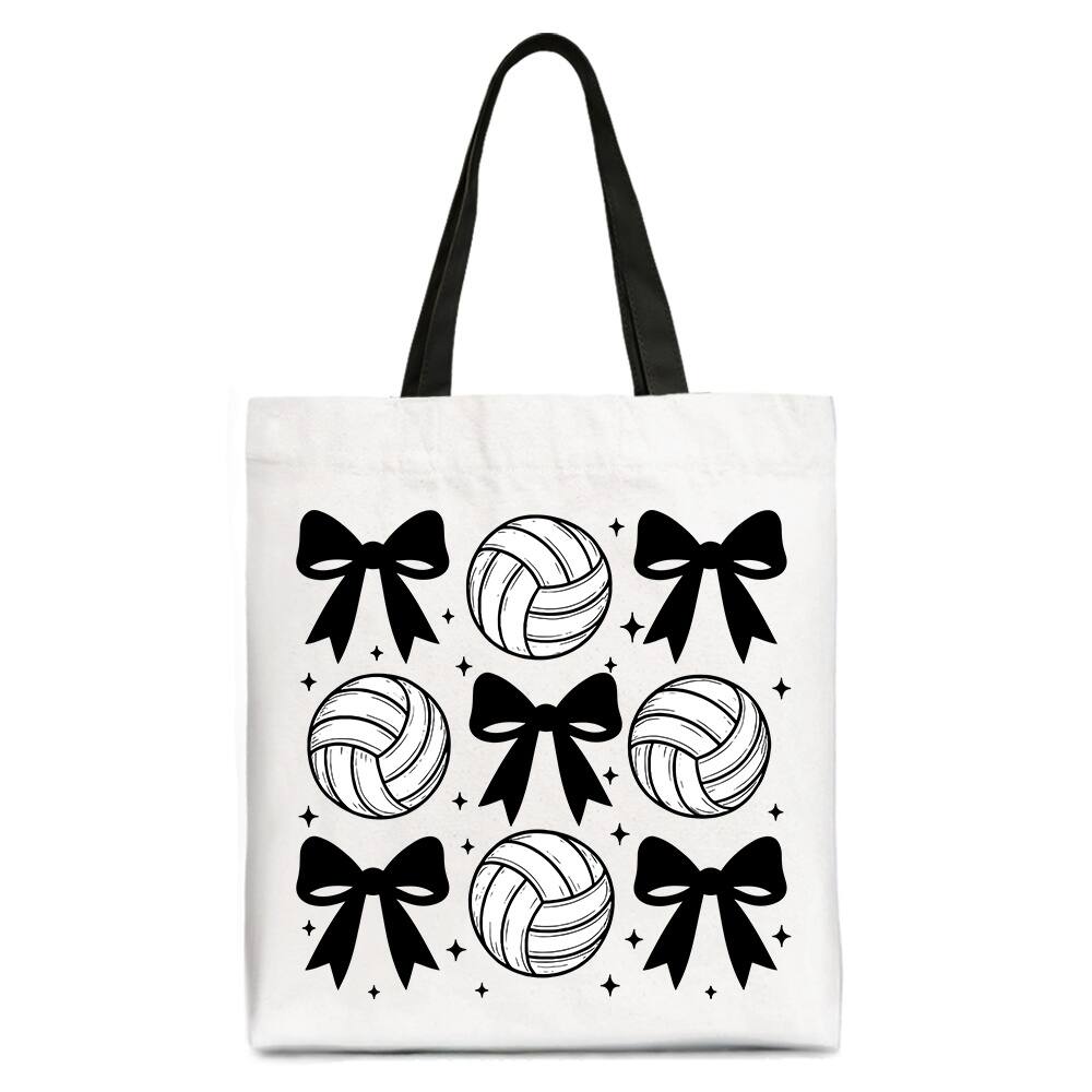 OrnamentallyYou - Coquette Volleyball Bows Canvas Tote Bag, Cute Athletic Sports Game Day Gift Shopper - White Black