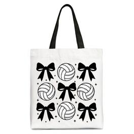OrnamentallyYou - Coquette Volleyball Bows Canvas Tote Bag, Cute Athletic Sports Game Day Gift Shopper - White Black