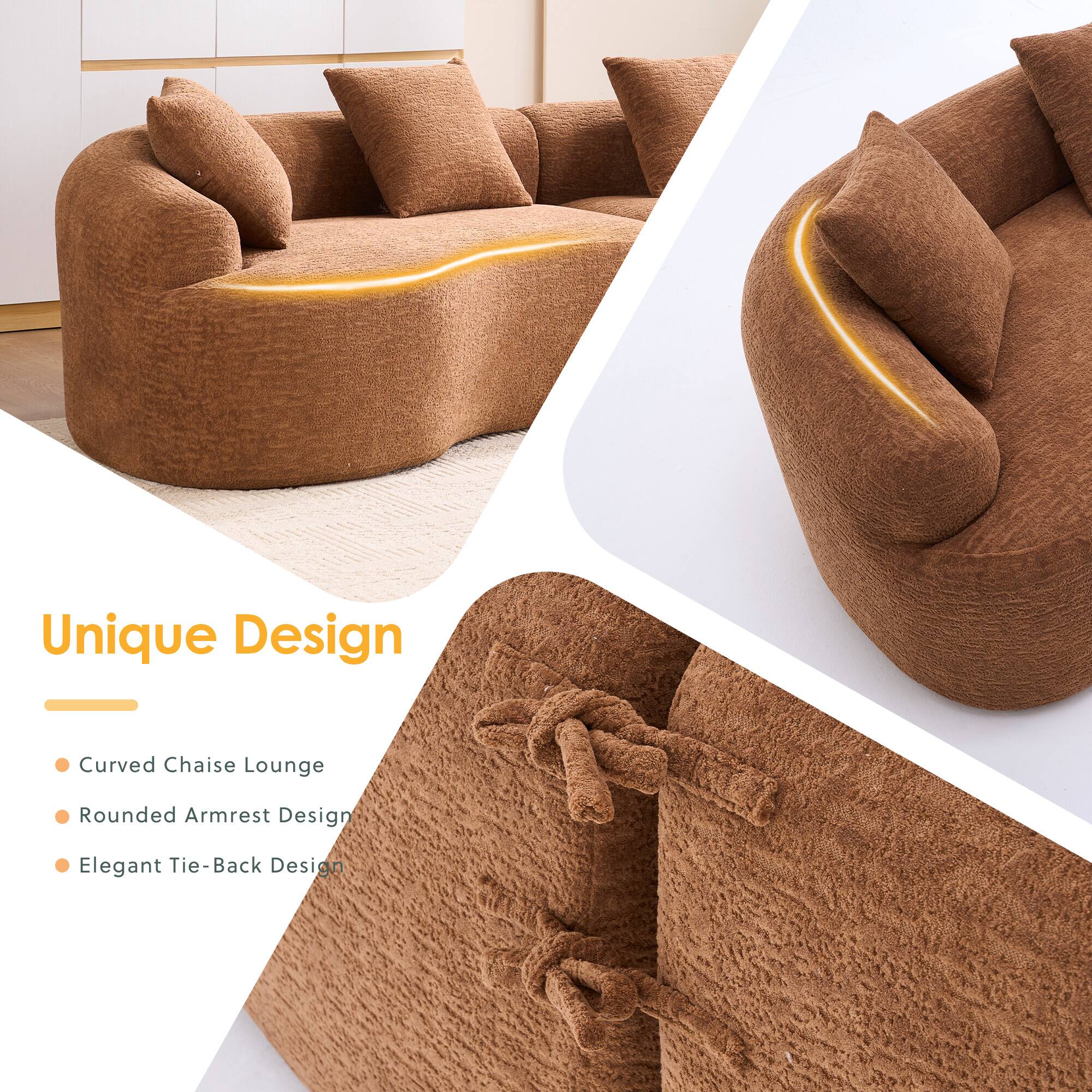 Unique Design

- Curved Chaise Lounge
- Rounded Armrest Design
- Elegant Tie-Back Design