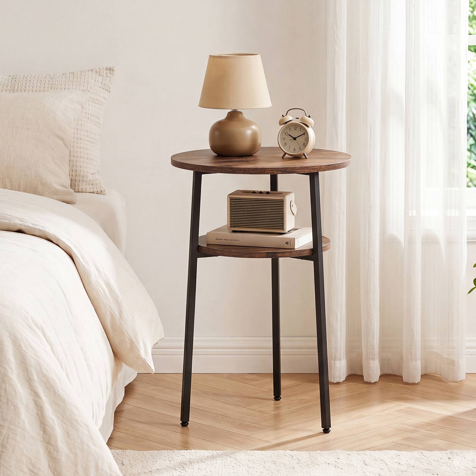 Alt View 3. Costway - Costway 2 PCS 2-Tier Round Side Table with Storage Shelf Metal Frame for Living Room Bedroom - Rustic Brown & Black.