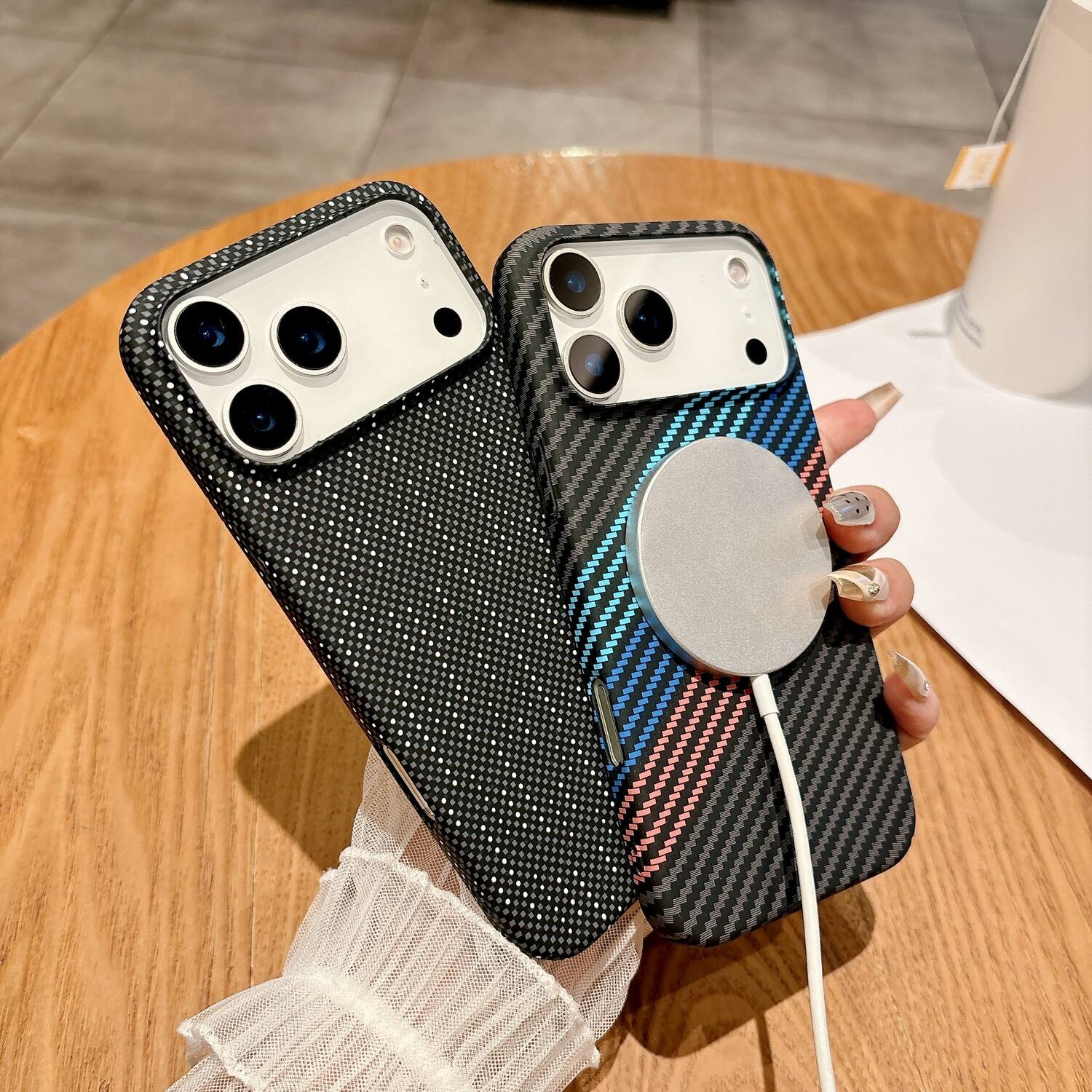 Left. Dteck - Magnetic Case for Apple iPhone 17 Pro,Mag Safe Compatible,Ultra-Slim Carbon Fiber Texture Hard Shell Cover - D.