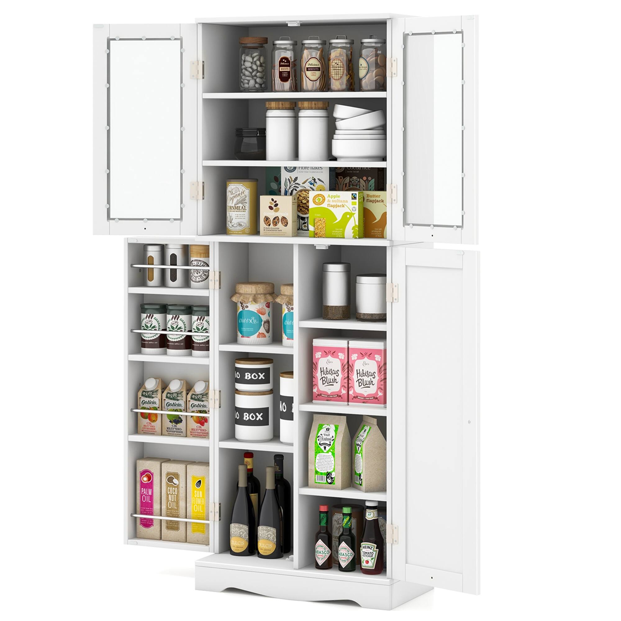 The image shows a white pantry with various food items and bottles. There are multiple bottles of oil, including olive oil, and a variety of jars containing different food items. The pantry is well-stocked with a wide selection of food and drinks, making it a convenient and accessible storage area for the household.