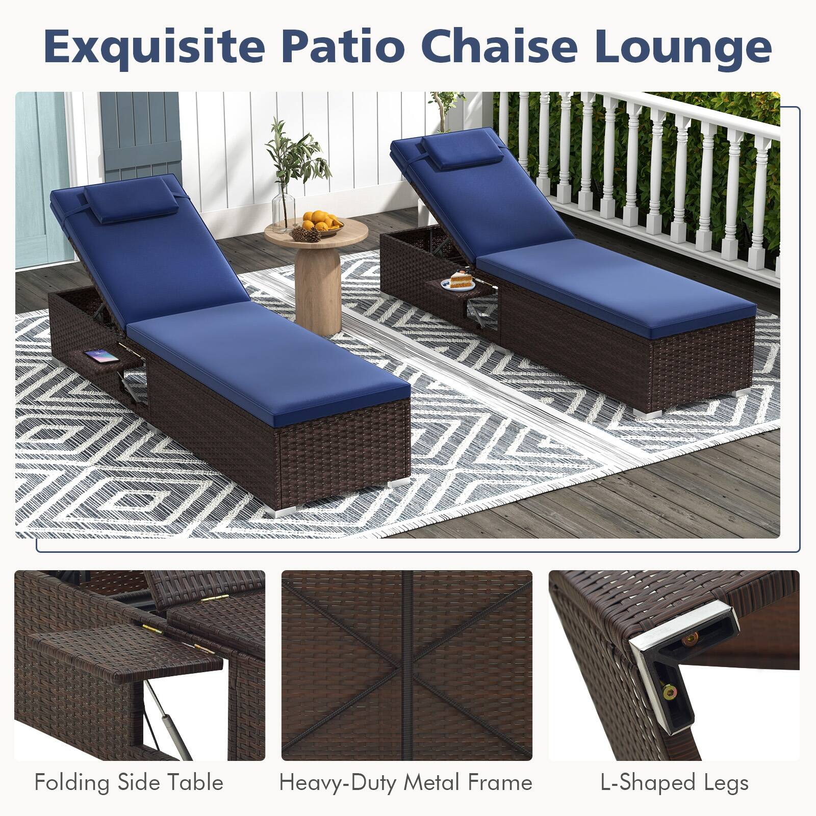 Exquisite Patio Chaise Lounge Folding Side Table Heavy-Duty Metal Frame L-Shaped Legs