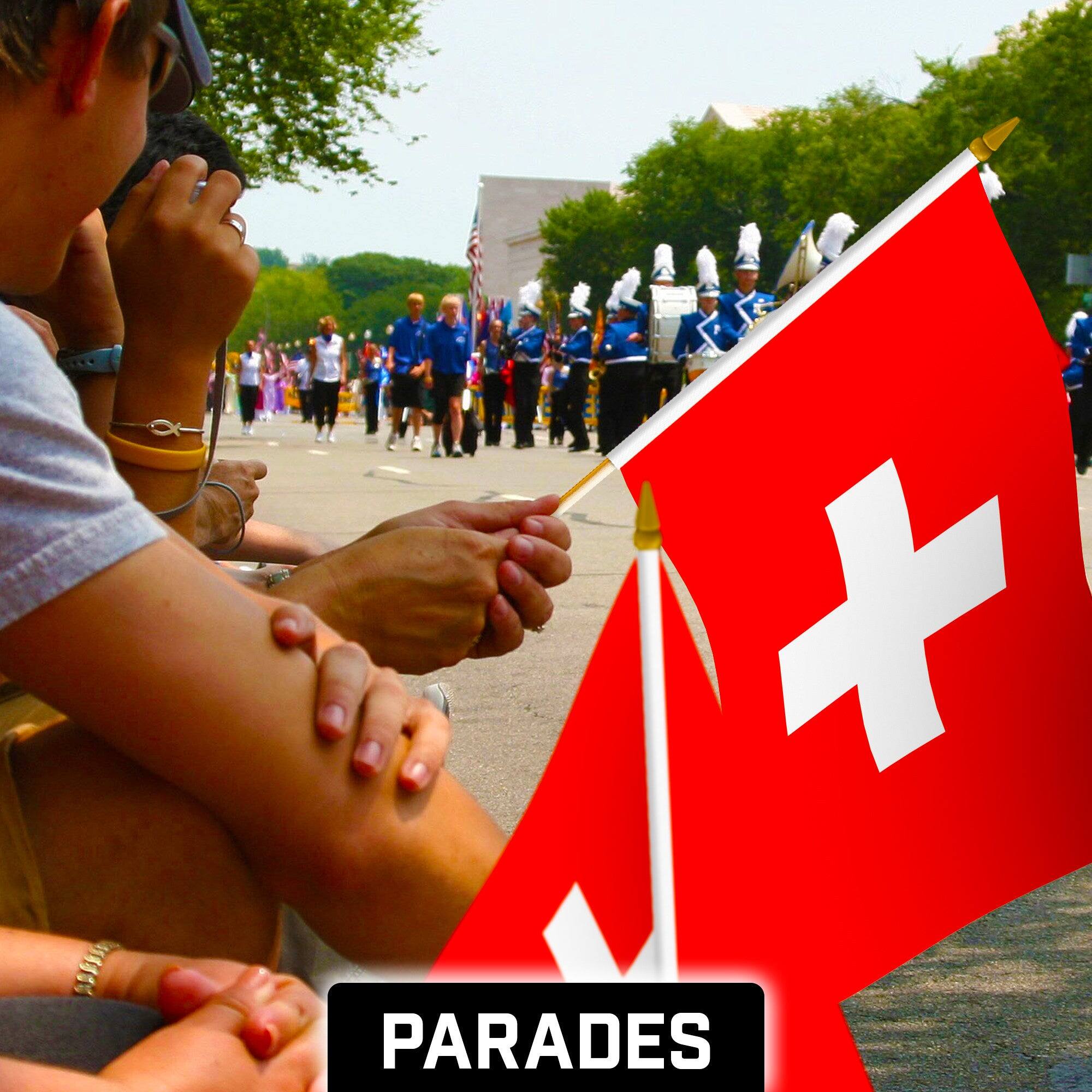 Alt View 1. G128 - 12-Pack Handheld Switzerland Flags 12 x 18 in, 150D Polyester on Wooden Stick with Gold Spear Tip. - Assorted Colors.