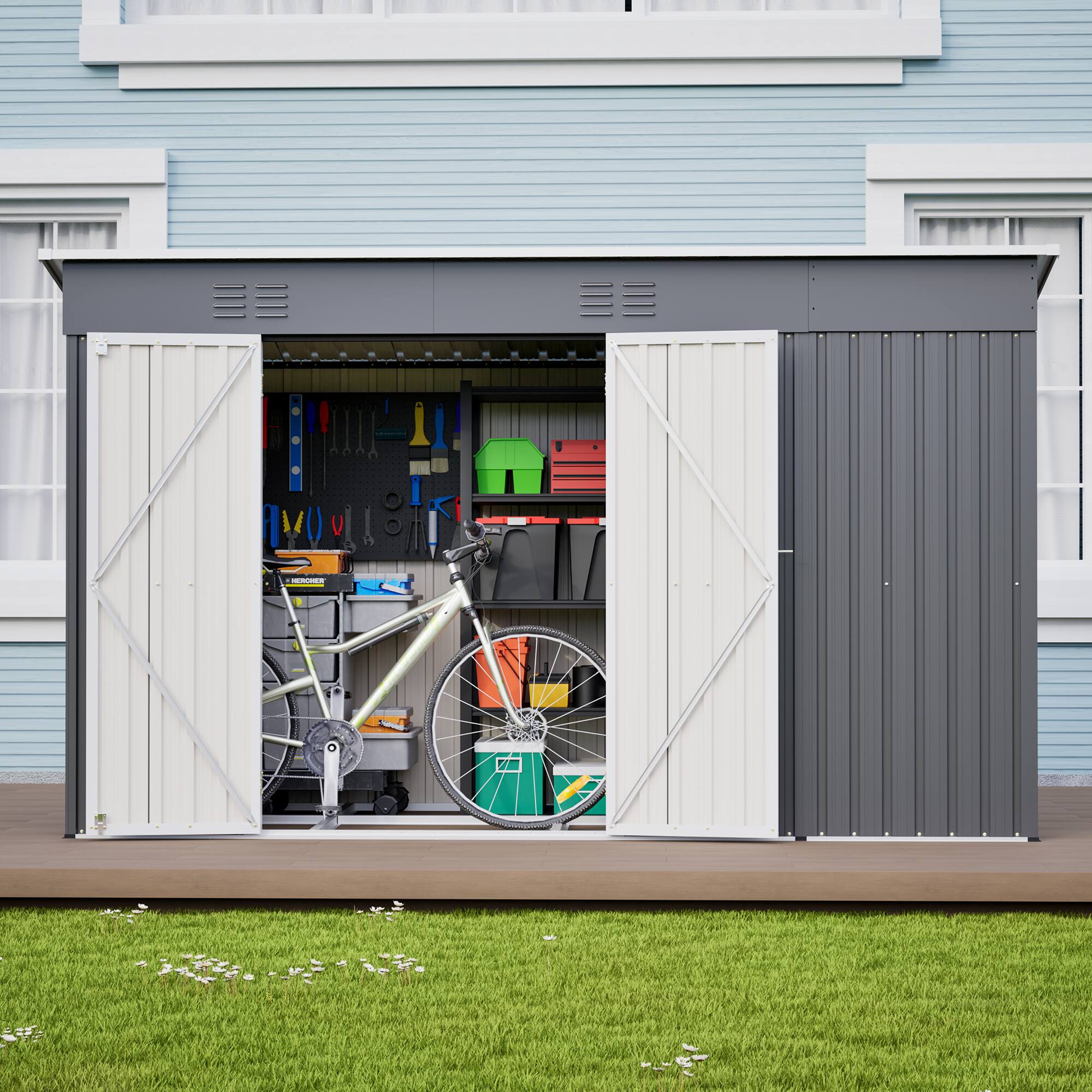 Alt View 7. Loheer - Loheer 10x4 Outdoor Metal Storage Shed for Garden Tools with Floor Frame and Lockable Door Grey Backyard Utility Shed.