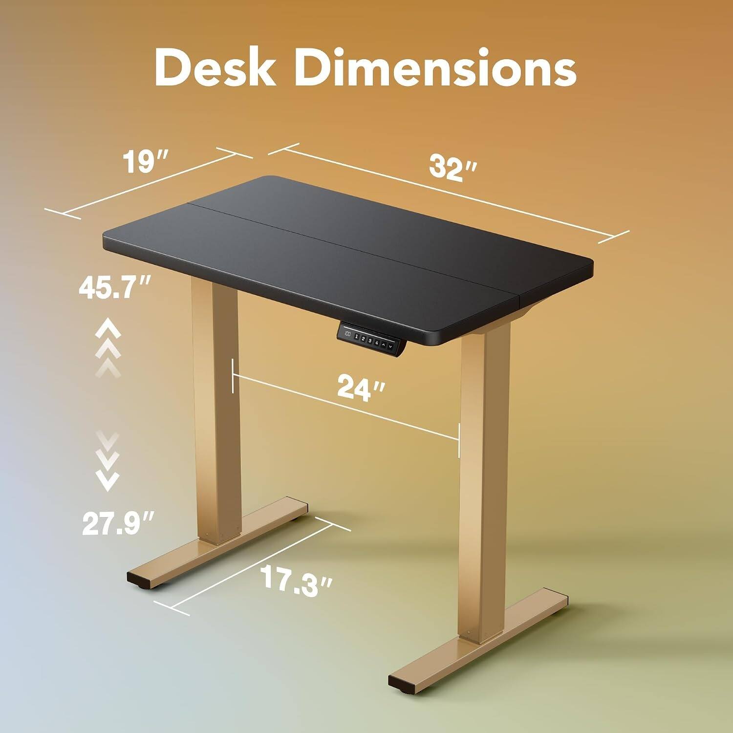 Desk Dimensions: 19" x 32" x 45.7" D, 24" x 27.9" x 17.3"