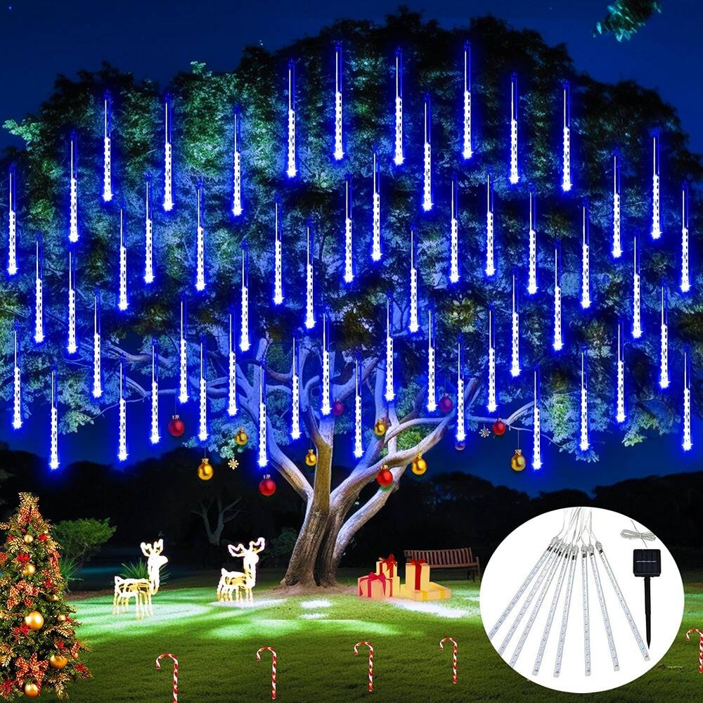 Front. MOSZAR LLC - Outdoor Solar Christmas Lights, 8-Tube 144-LED Solar Meteor Shower Lights - Blue.