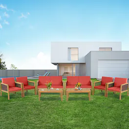 Gymax - 8PCS Patio Acacia Wood Furniture Set PE Rattan Conversation Set w/ Cushions - Red