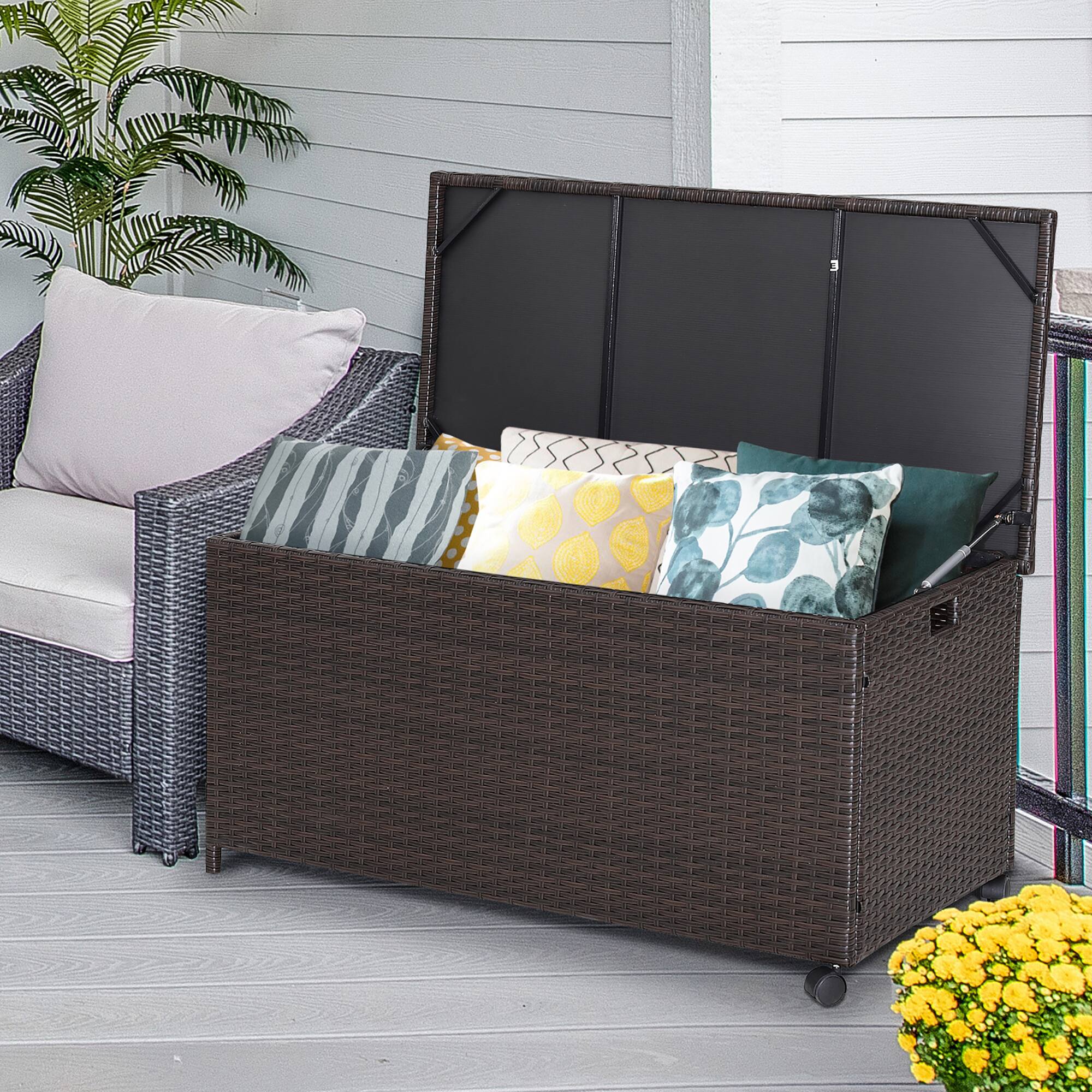 Alt View 1. Costway - Costway 50 Gallon Patio Rattan Wicker Storage Deck Box Container Wheels W/Liner - Mix Brown.