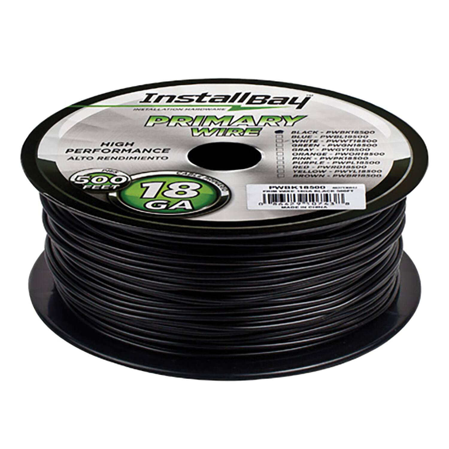 InstallBay  
PRIMARY WIRE  
HIGH PERFORMANCE  
ALTO RENDIMIENTO  
500 FEET  
18 GA  

BLACK - PWBK18500  
BLUE - PWBL18500  
GREEN - PWBG18500  
GRAY - PWBG18500  
PINK - PWPK18500  
PURPLE - PWPL18500  
RED - PWR18500  
YELLOW - PWY18500  
BROWN - PWR18500  

MADE IN CHINA
