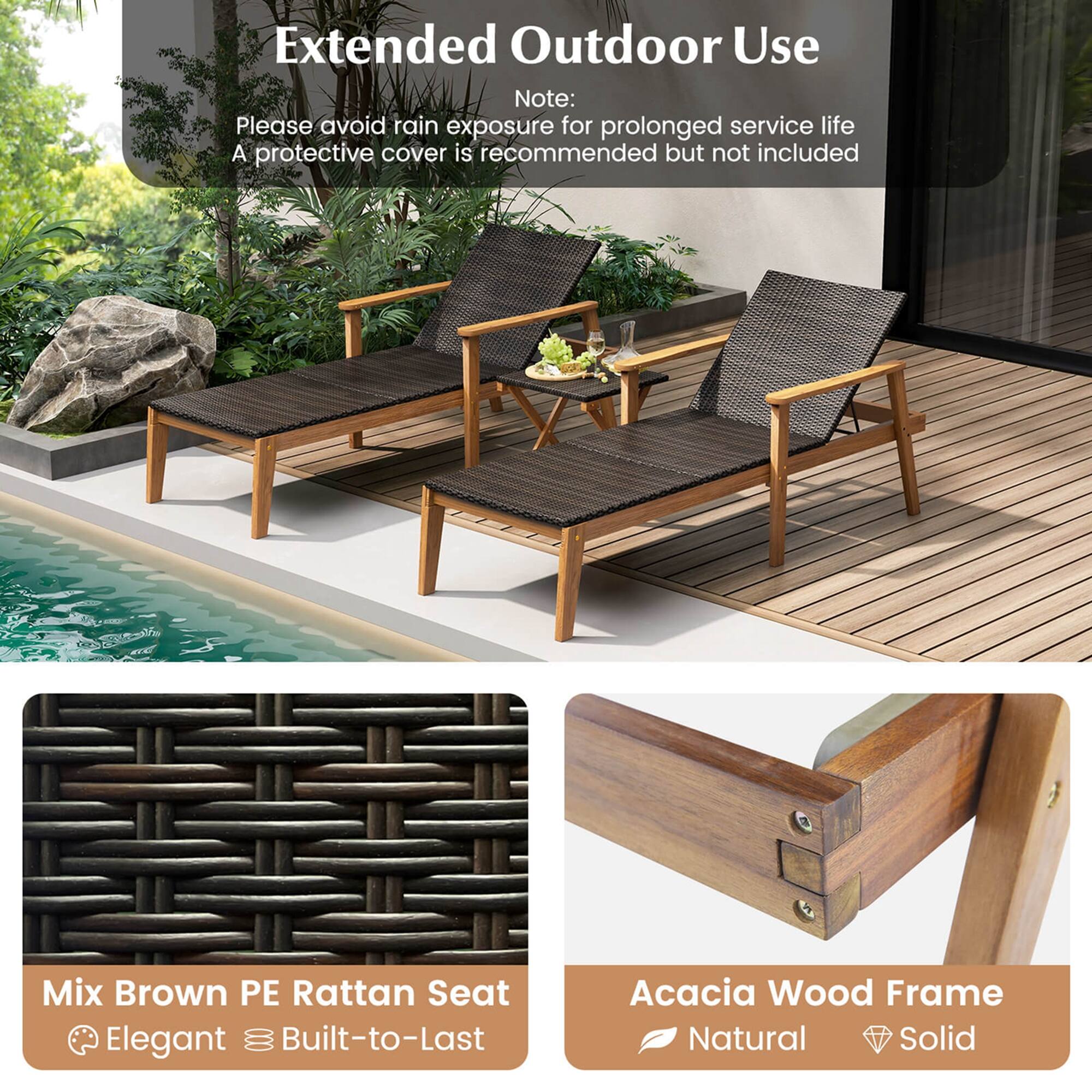 Extended Outdoor Use

Note: Please avoid rain exposure for prolonged service life. A protective cover is recommended but not included.

Mix Brown PE Rattan Seat
Elegant Built-to-Last

Acacia Wood Frame
Natural Solid