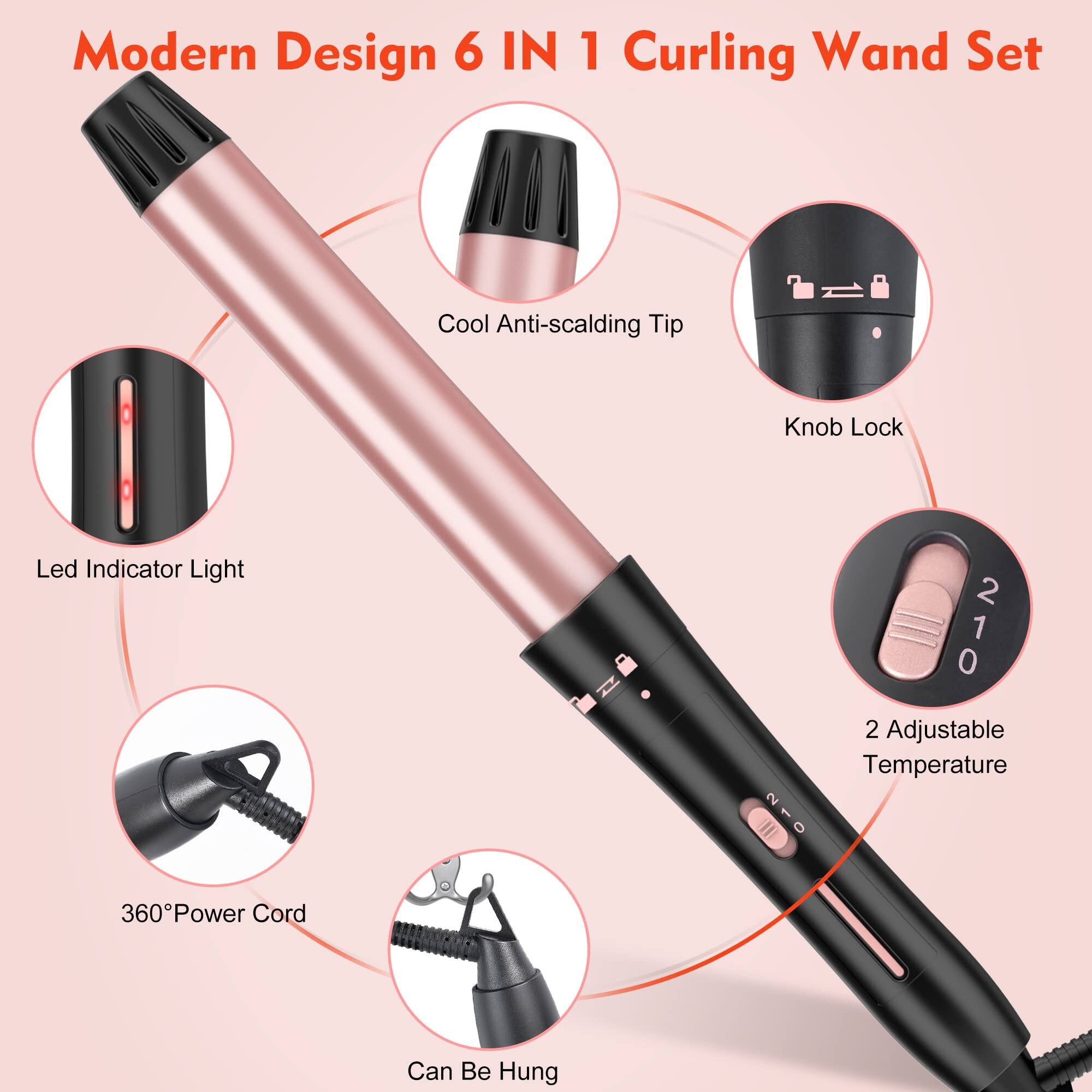Modern Design 6 IN 1 Curling Wand Set

- Cool Anti-scalding Tip
- Knob Lock
- Led Indicator Light
- 2 Adjustable Temperature
- 360° Power Cord
- Can Be Hung