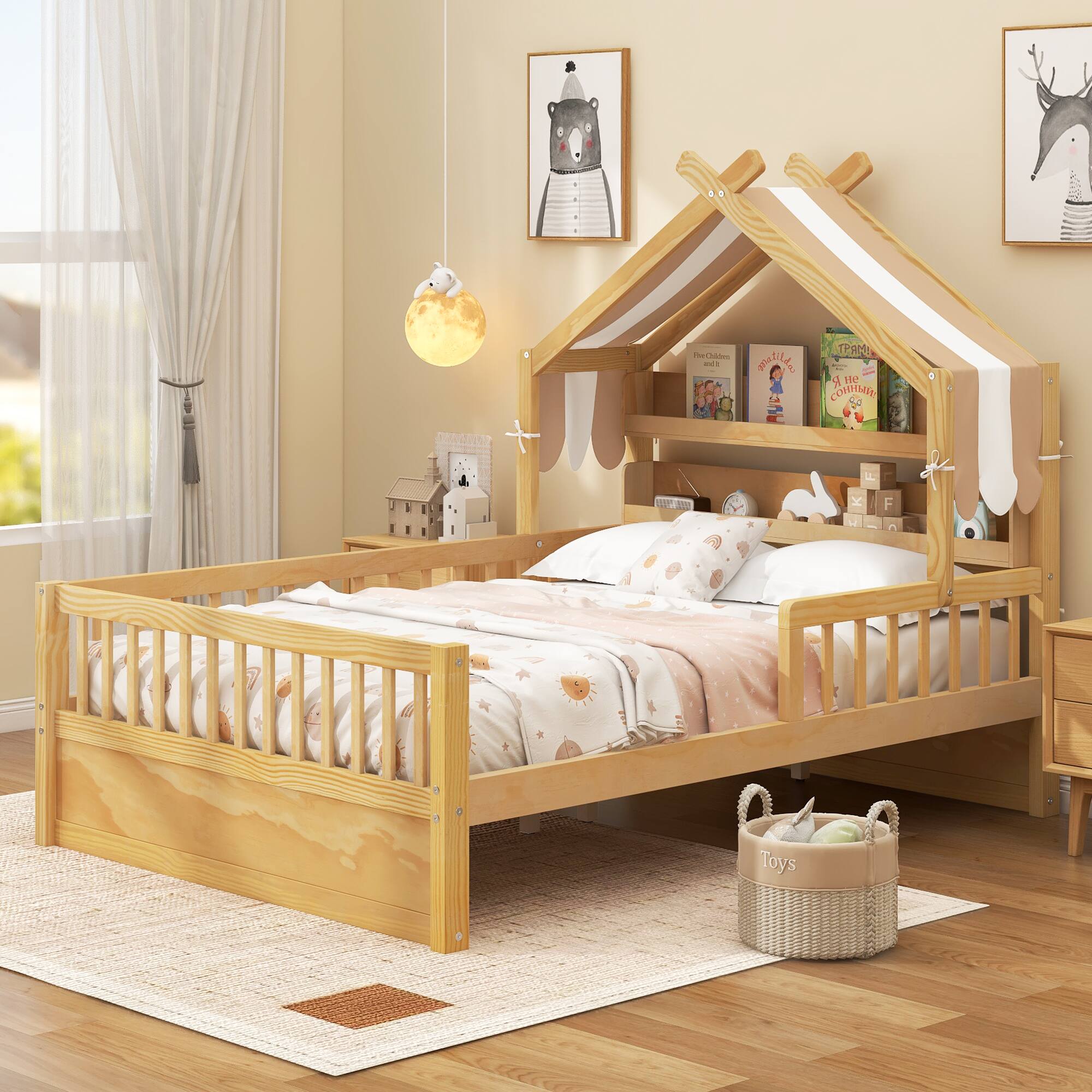 Whisen - Wooden House Platform Bed with Storage Headboard Shelf and Fabric Canopy - Natural