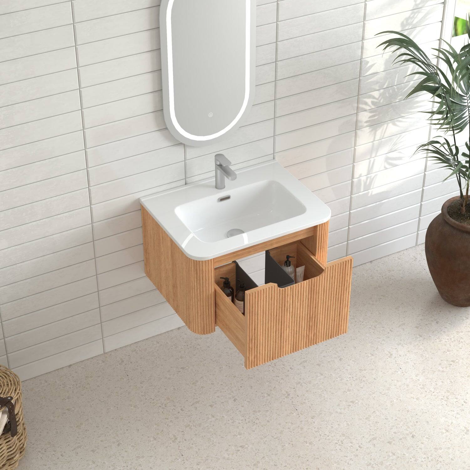 Alt View 7. Boyel Living - 24 in Wall-Mounted Bathroom Vanity Pre-Assembled Cabinet in Natural Walnut with Ceramic Basin Soft-Close Drawer - Natural Walnut.