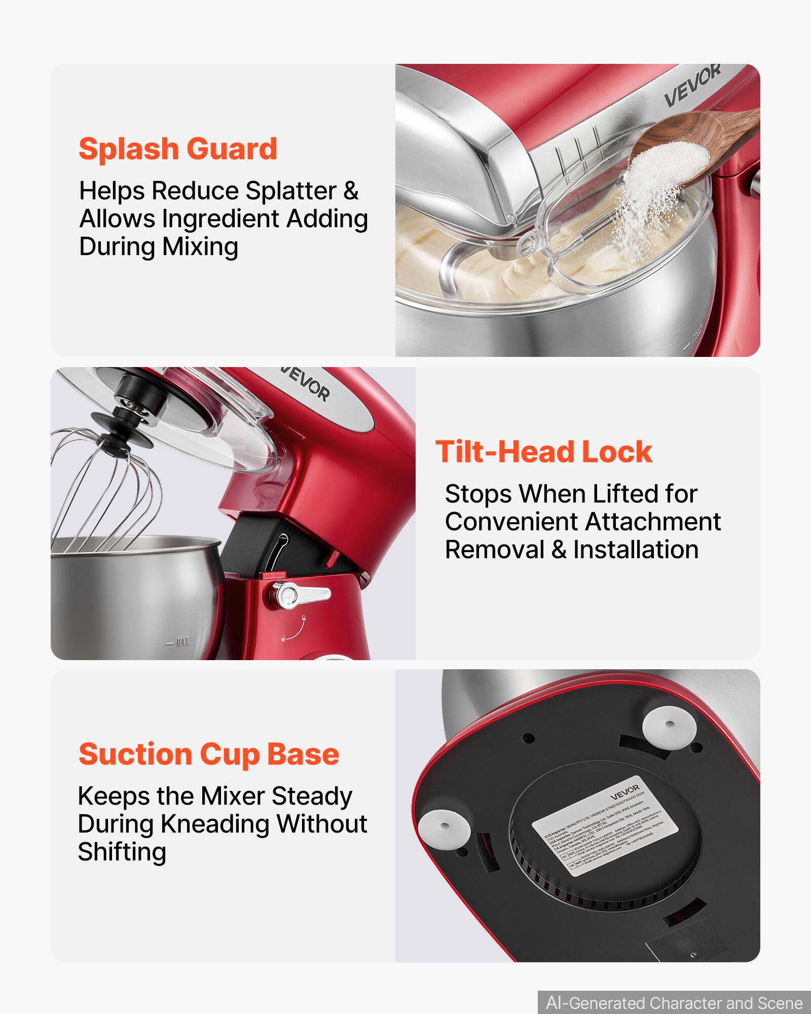 Splash Guard Helps Reduce Splatter & Allows Ingredient Adding During Mixing

VEVOR Tilt-Head Lock Stops When Lifted for Convenient Attachment Removal & Installation

PL Suction Cup Base Keeps the Mixer Steady During Kneading Without Shifting

VEVOR

AI-Generated Character and Scene