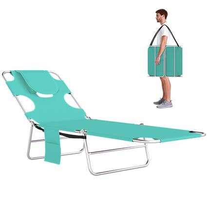 Front. Outsunny - Chair with Face Hole, 5-Level Adjustable Outdoor Chaise Lounge Chair with Pillow for Beach, Pool - Light Green.