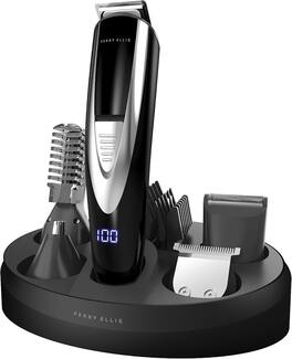 Perry Ellis - 16-Piece Men's Grooming Kit, Rechargeable Trimmer, Electric Razor for Face, Body, Nose, Ear, LED Display, Charging Dock - Black