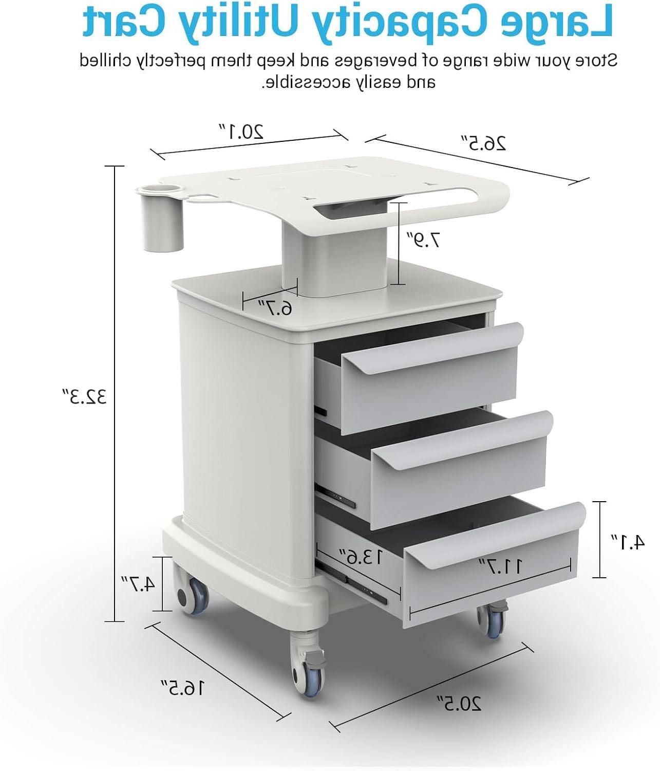 Sure, here is the corrected and grouped text:

---

**Utility Cart**

Keep beverages and food items chilled and accessible. Store a wide range of items easily.

- 20.1" (width)
- 26.5" (height)
- 7.9" (depth)
- 6.7" (drawer 1 height)
- 32.3" (overall height)
- 4.7" (drawer 2 height)
- 13.6" (drawer 3 height)
- 11.7" (drawer 4 height)
- 4.1" (drawer 5 height)
- 16.5" (drawer 6 height)
- 20.5" (overall width)

---

The dimensions are grouped by their respective parts of the cart.