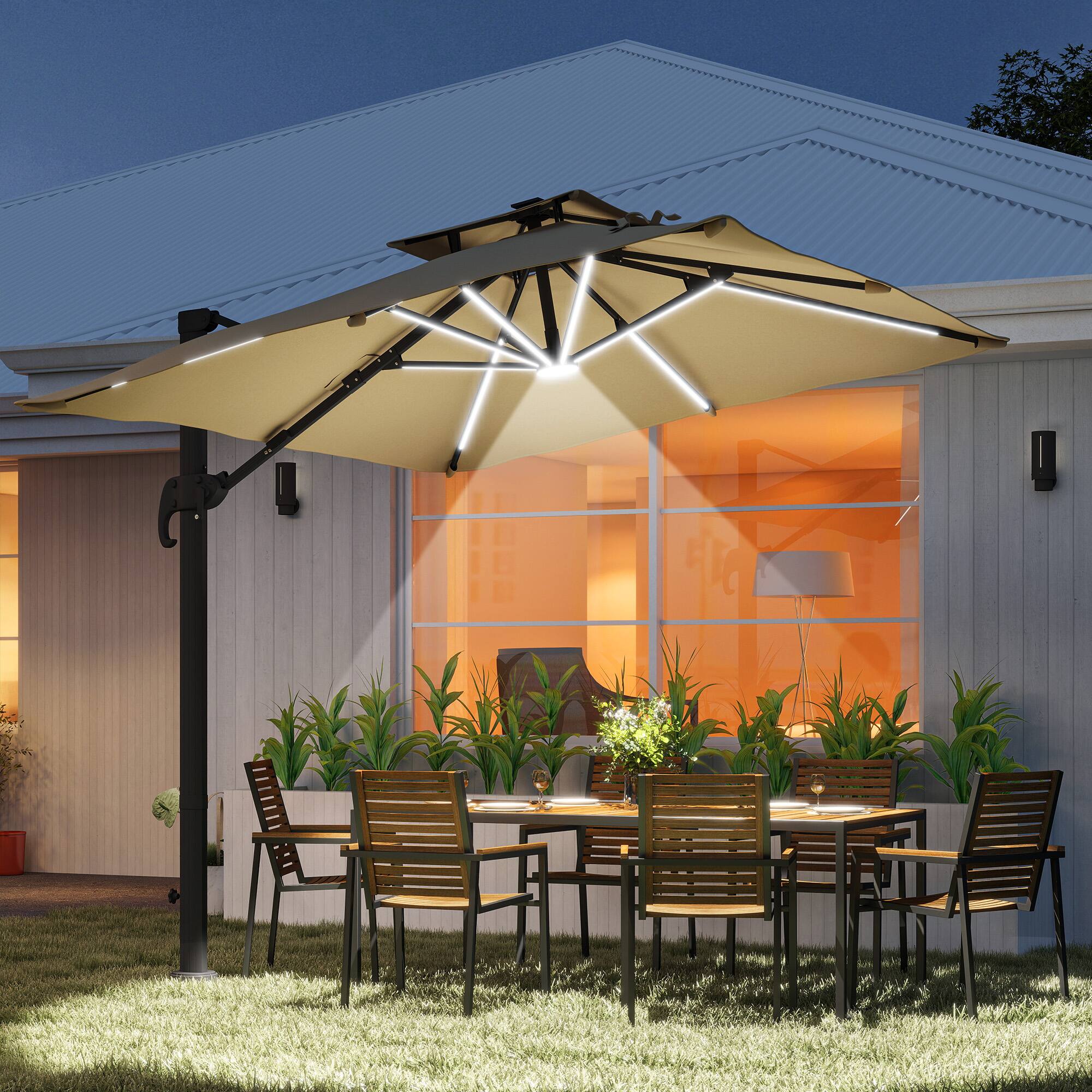 Alt View 1. Outsunny - 10ft. Solar LED Cantilever Umbrella, Offset Hanging Umbrella with 360°Rotation, Cross Base, 8 Ribs, Tilt and Crank - Khaki.