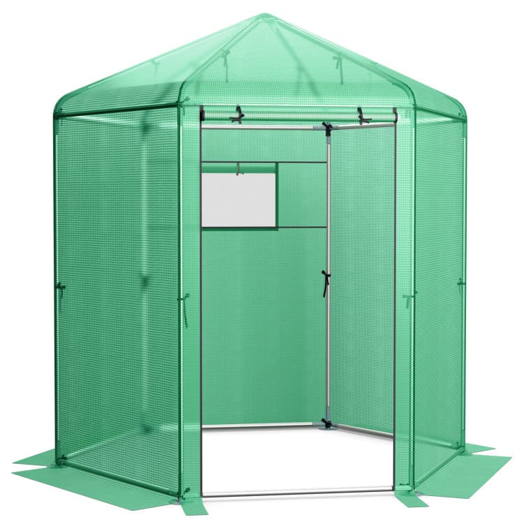 SlickBlue - Walk-In Hexagonal Greenhouse with PE Cover and Metal Frame - Green