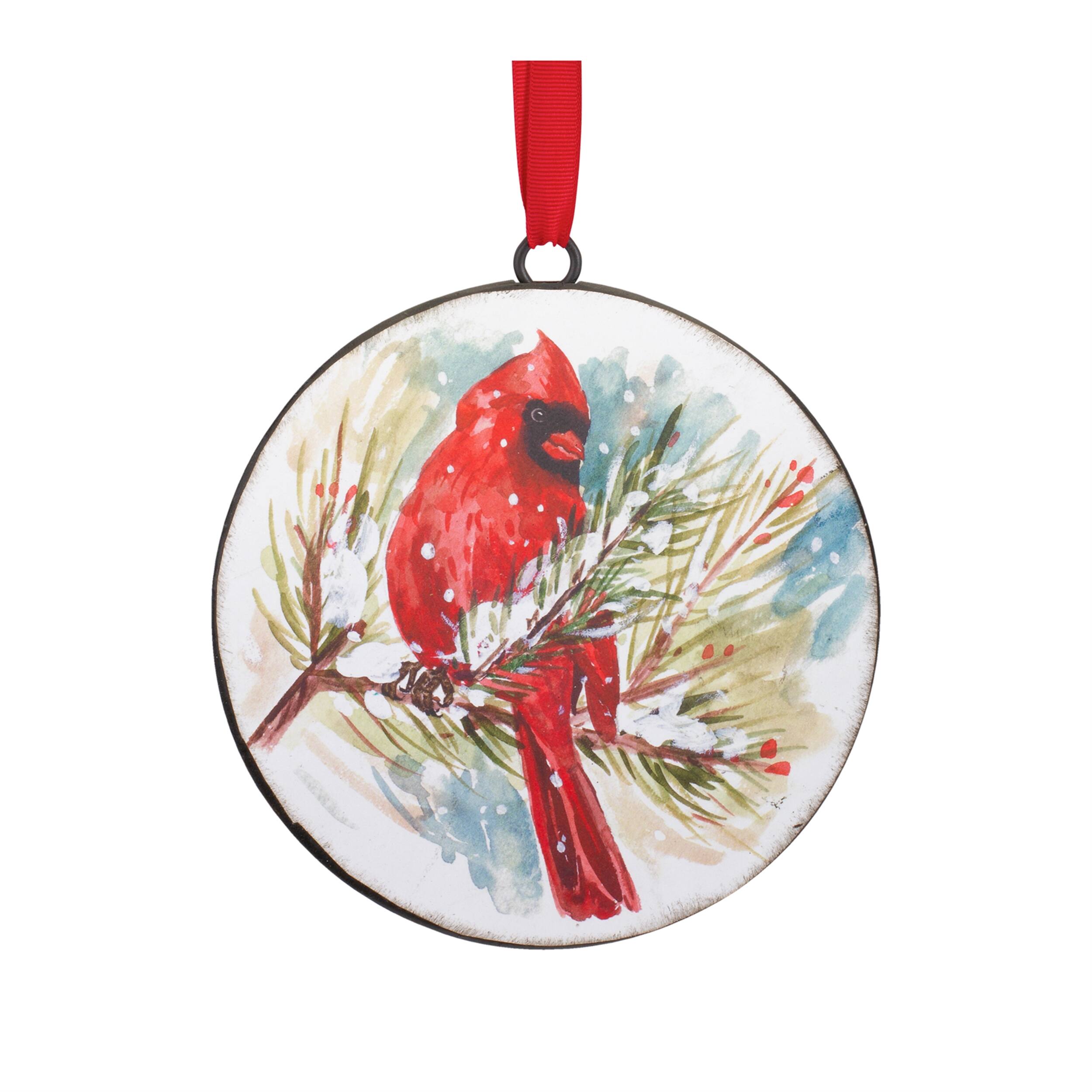 Left. BreeBe - Winter Cardinal and Pine Branch Disc Ornament (Set of 12) - Red, White.