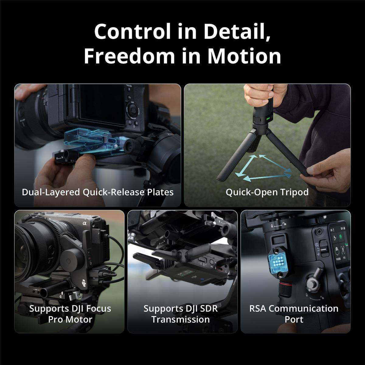 Control in Detail, Freedom in Motion

- Dual-Layered Quick-Release Plates
- Quick-Open Tripod
- Supports DJI Focus Pro Motor
- Supports DJI SDR Transmission
- RSA Communication Port