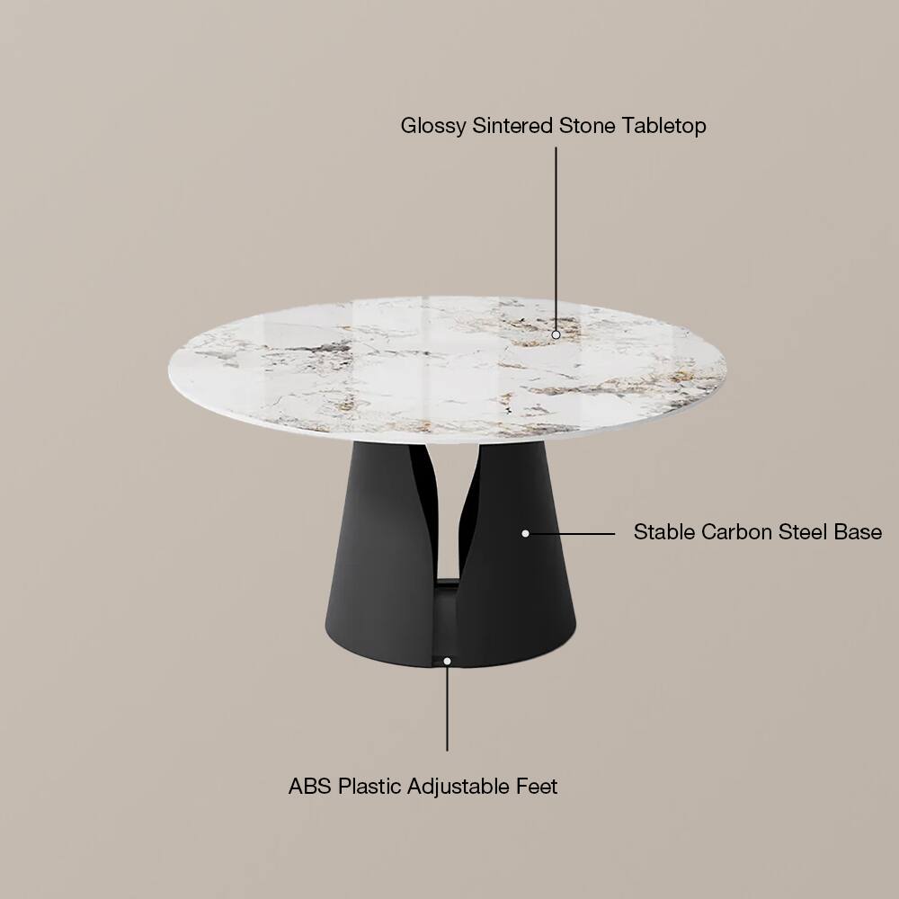 Glossy Sintered Stone Tabletop  
Stable Carbon Steel Base  
ABS Plastic Adjustable Feet